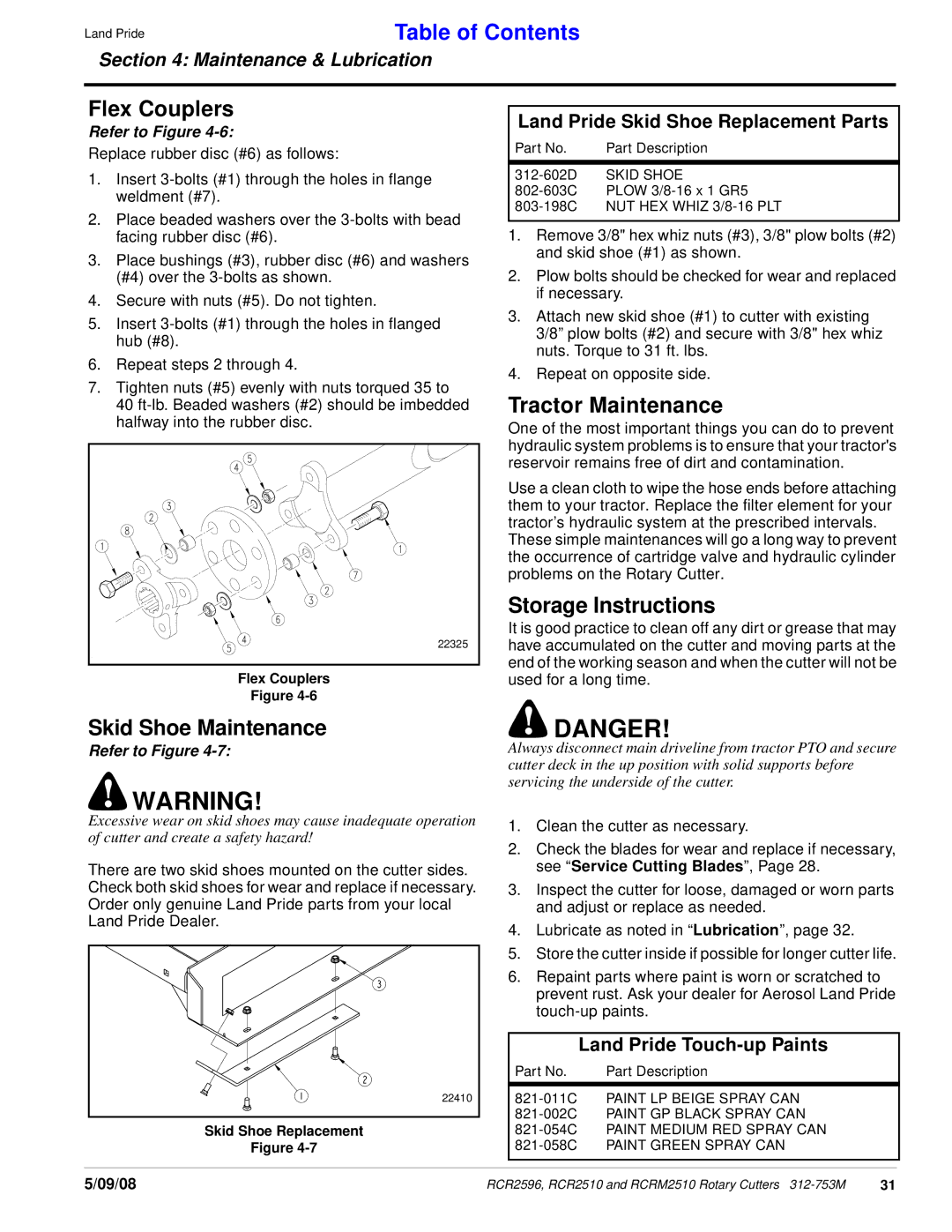 Land Pride RCR2596, 312-753M, RCRM2510 manual Flex Couplers, Tractor Maintenance, Storage Instructions, Skid Shoe Maintenance 