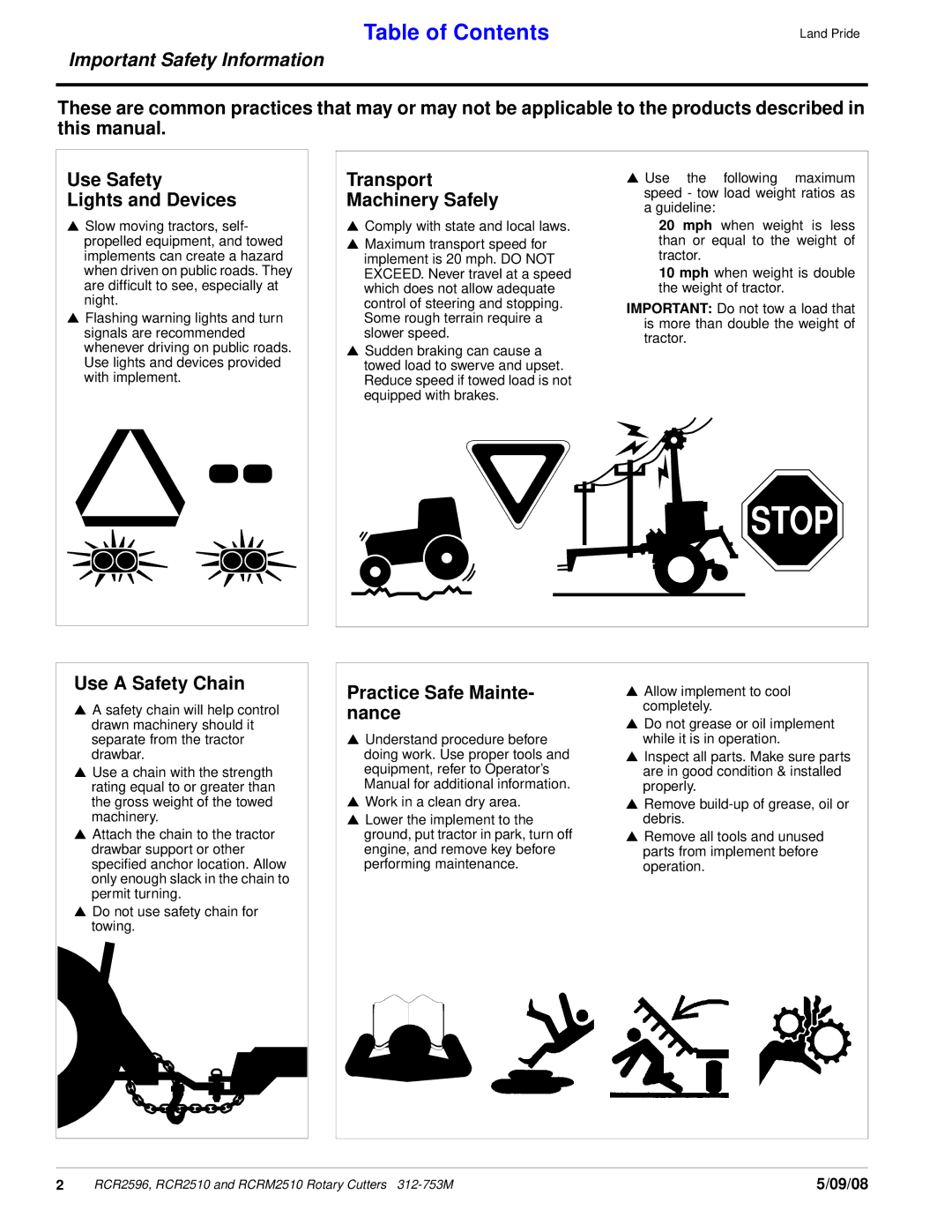 Land Pride 312-753M, RCR2596, RCRM2510, RCR2510 Transport Machinery Safely, Use a Safety Chain, Practice Safe Mainte- nance 