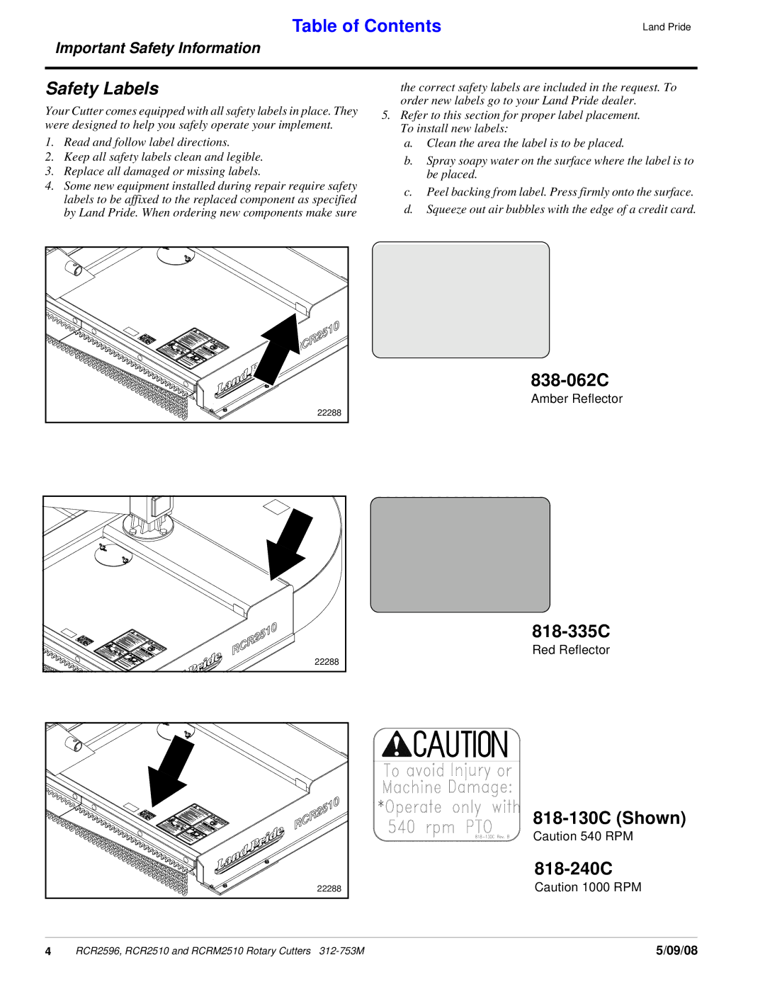 Land Pride RCRM2510, 312-753M, RCR2596, RCR2510 manual 838-062C, 818-335C, 818-130C Shown, 818-240C 