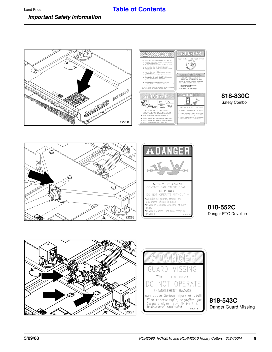 Land Pride RCR2510, 312-753M, RCR2596, RCRM2510 manual 818-830C, 818-552C, 818-543C 