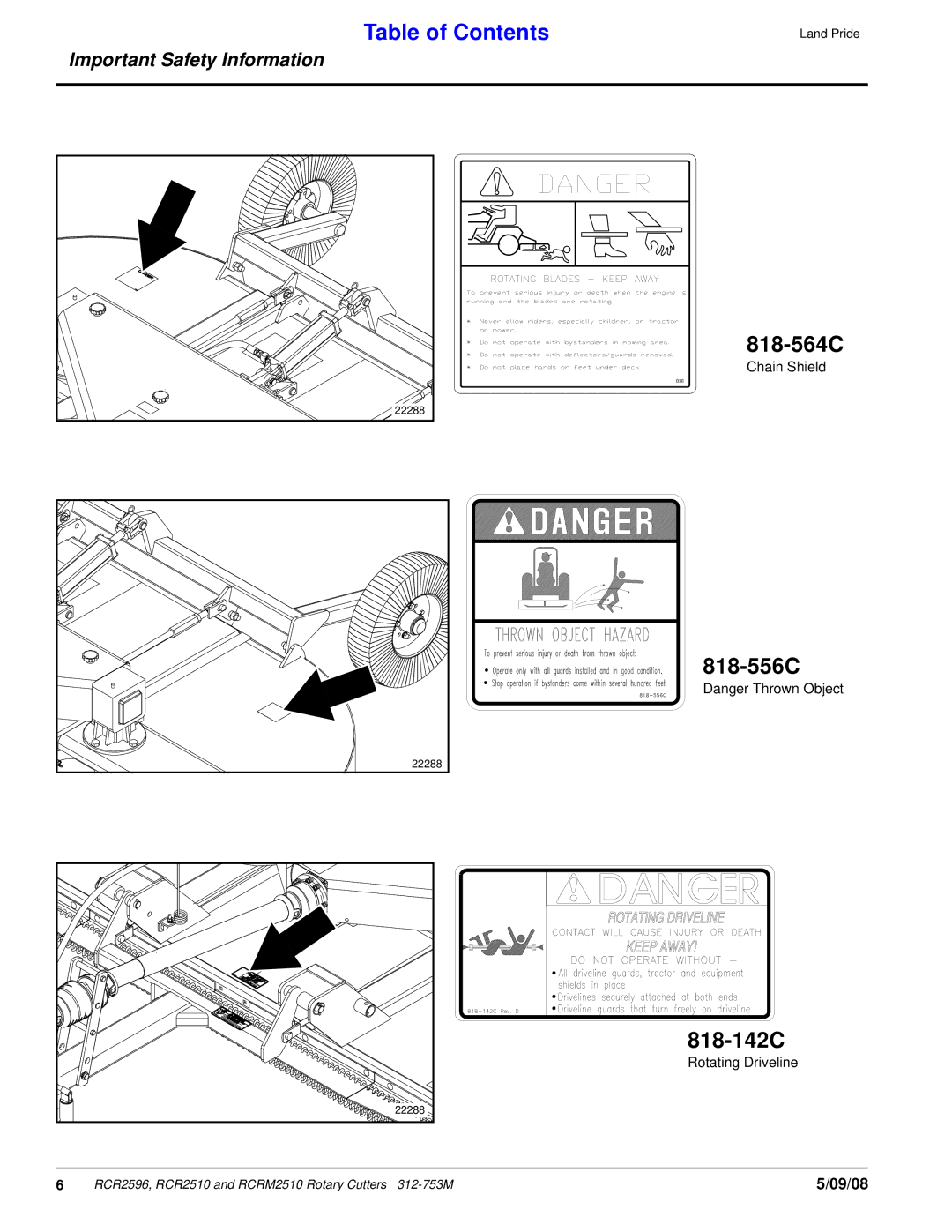 Land Pride 312-753M, RCR2596, RCRM2510, RCR2510 manual 818-564C, 818-556C, 818-142C 