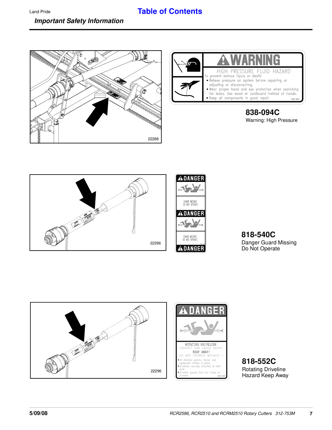 Land Pride RCR2596, 312-753M, RCRM2510, RCR2510 manual 838-094C 818-540C 