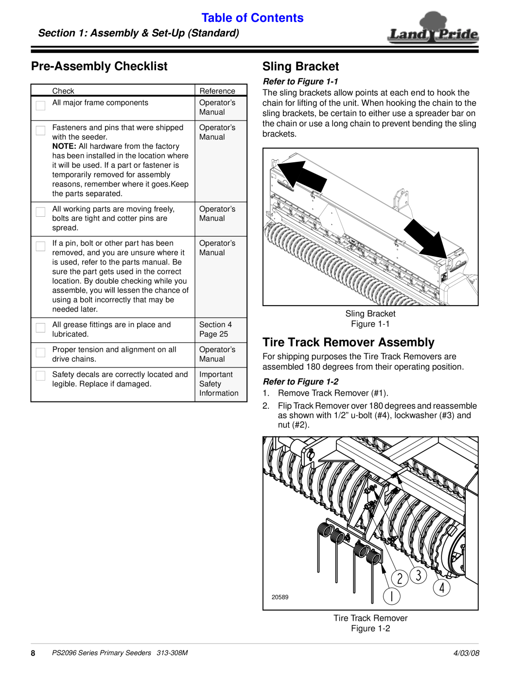 Land Pride 313-308M manual Pre-Assembly Checklist, Sling Bracket, Tire Track Remover Assembly, Assembly & Set-Up Standard 