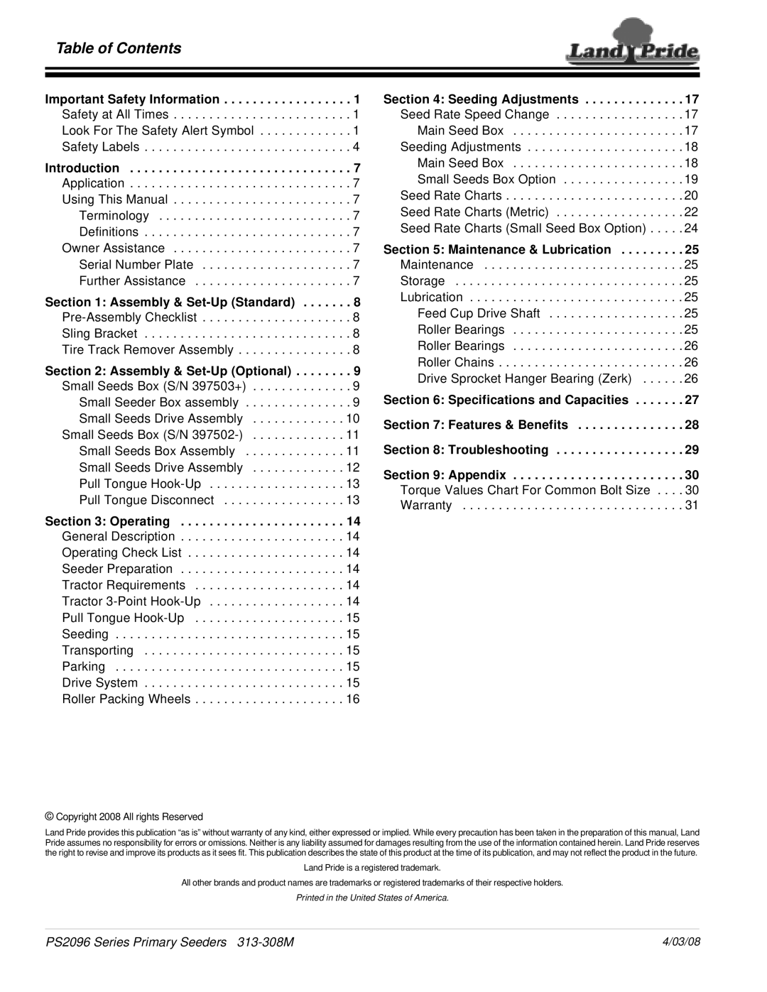 Land Pride manual Table of Contents, PS2096 Series Primary Seeders 313-308M 