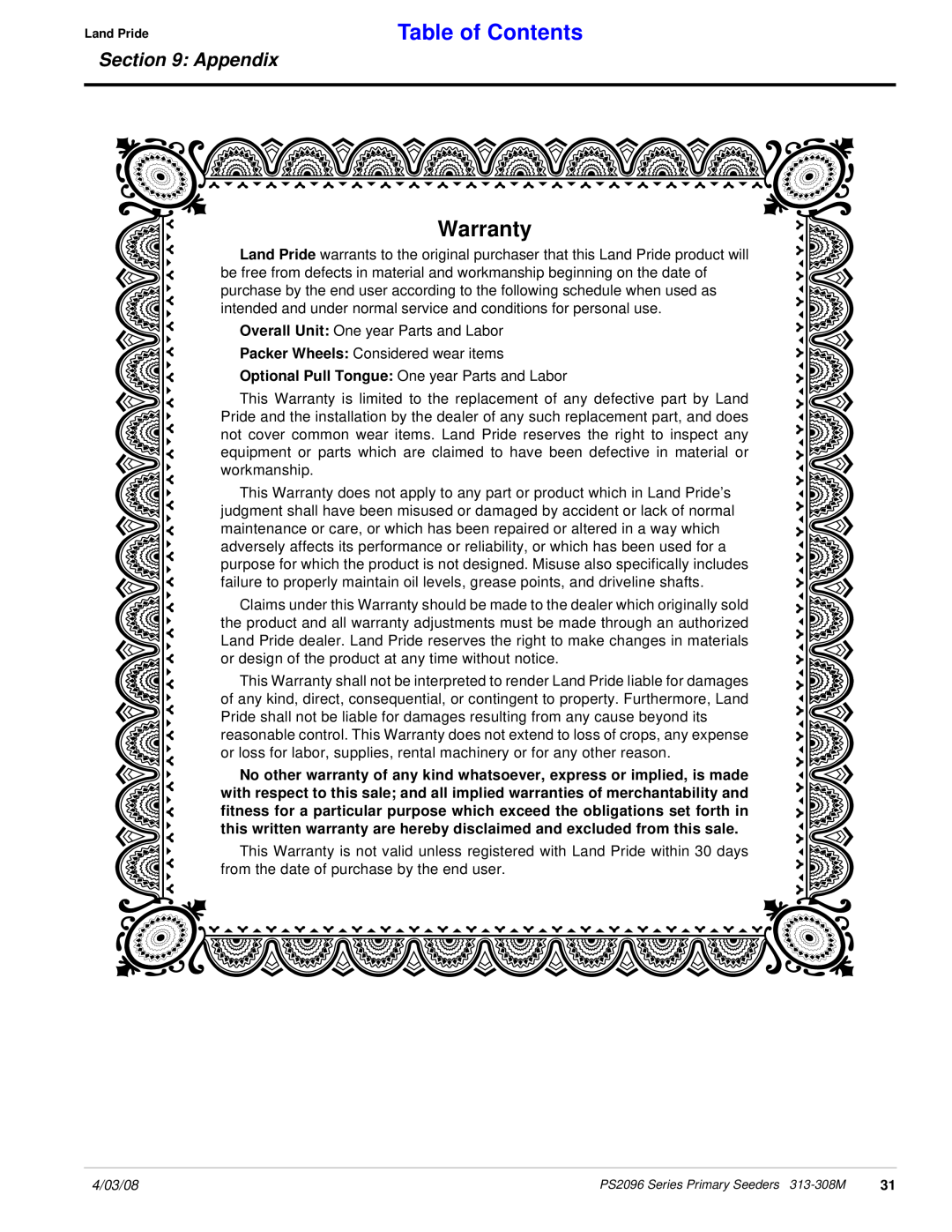 Land Pride 313-308M manual Warranty, Table of Contents, Appendix 