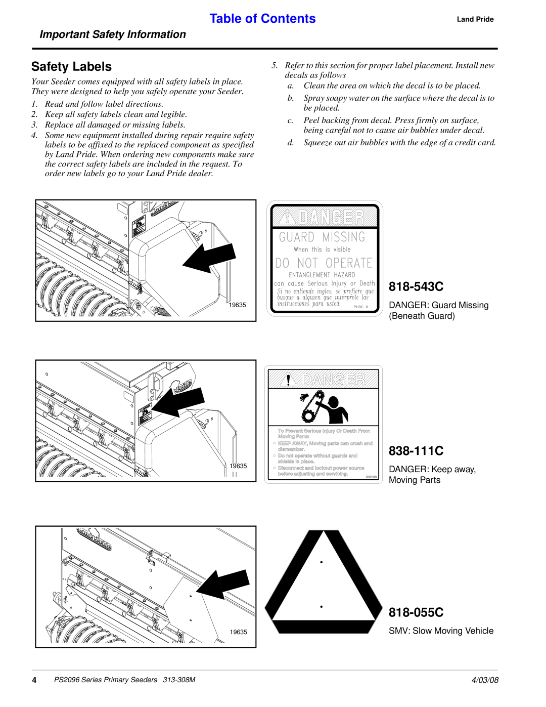 Land Pride 313-308M manual Safety Labels, 818-543C, 838-111C, 818-055C, Table of Contents, Important Safety Information 