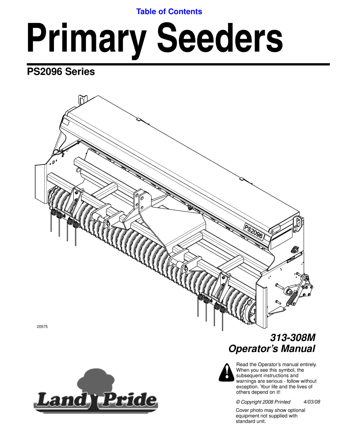 Land Pride 313-308M manual Primary Seeders 