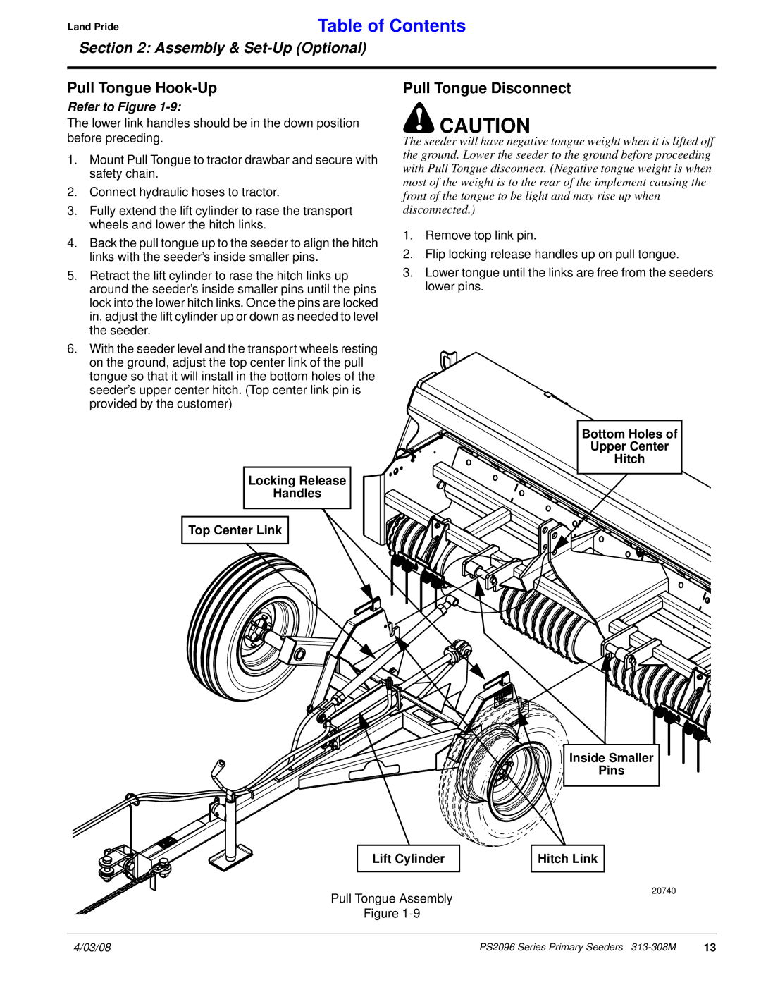 Land Pride 313-308M manual Pull Tongue Hook-Up, Pull Tongue Disconnect, Locking Release Handles Top Center Link 