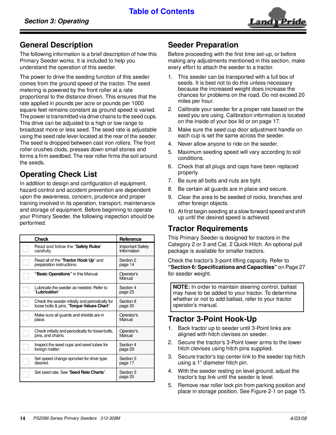 Land Pride 313-308M manual General Description, Operating Check List, Seeder Preparation, Tractor Requirements 