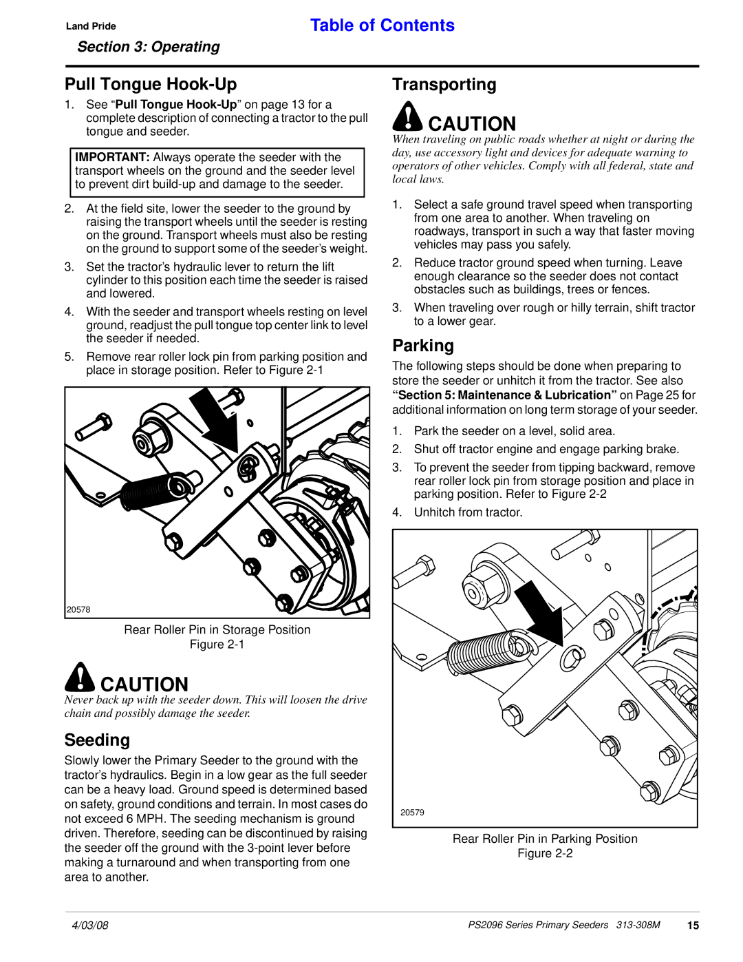 Land Pride 313-308M manual Pull Tongue Hook-Up, Seeding, Transporting, Parking 