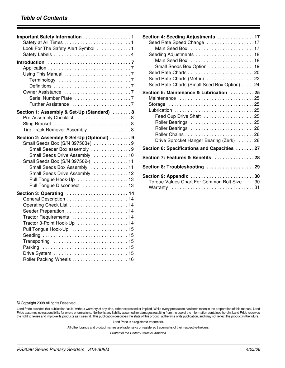 Land Pride 313-308M manual Table of Contents 