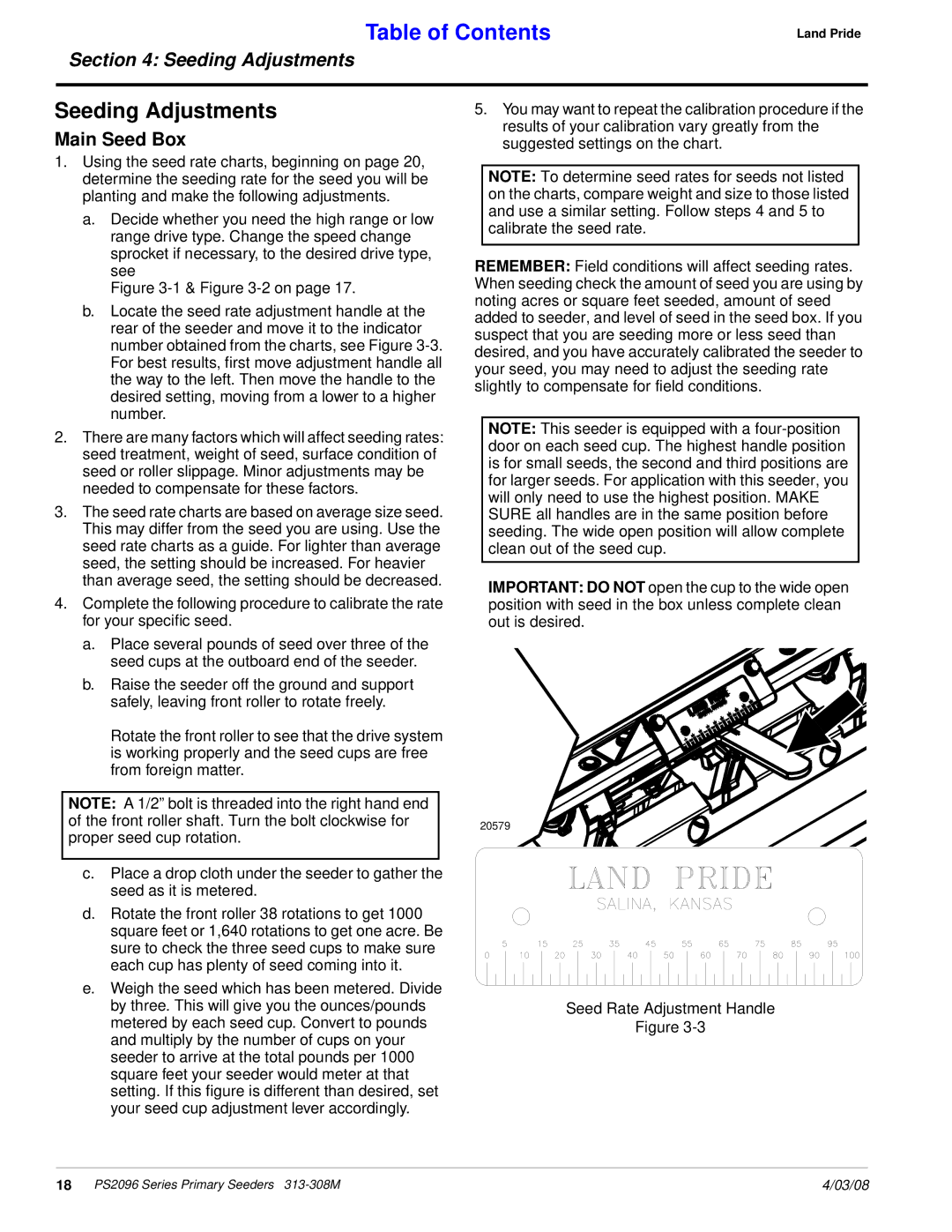 Land Pride 313-308M manual Seeding Adjustments 