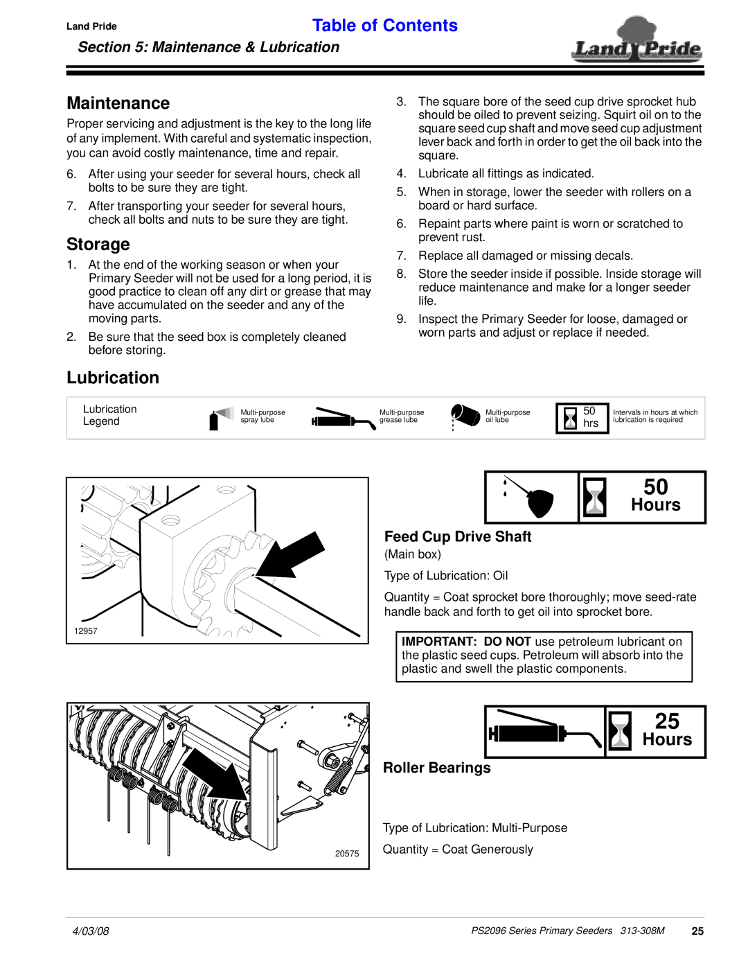 Land Pride 313-308M manual Maintenance, Storage, Lubrication, Hours 