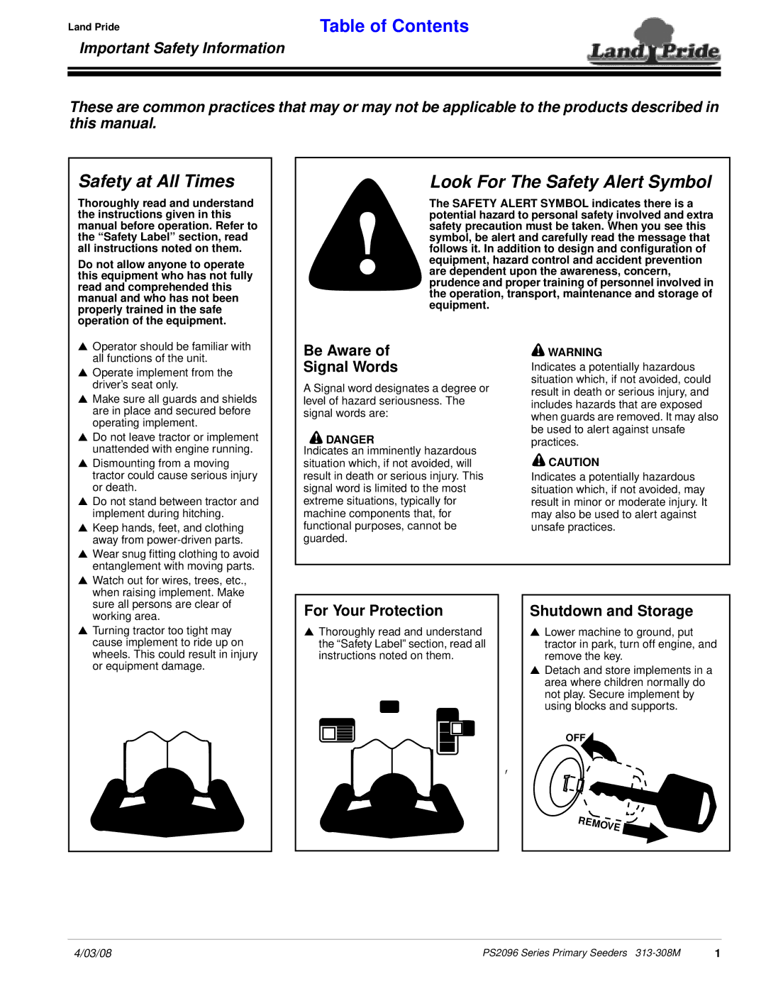 Land Pride 313-308M manual Be Aware Signal Words, For Your Protection, Shutdown and Storage 