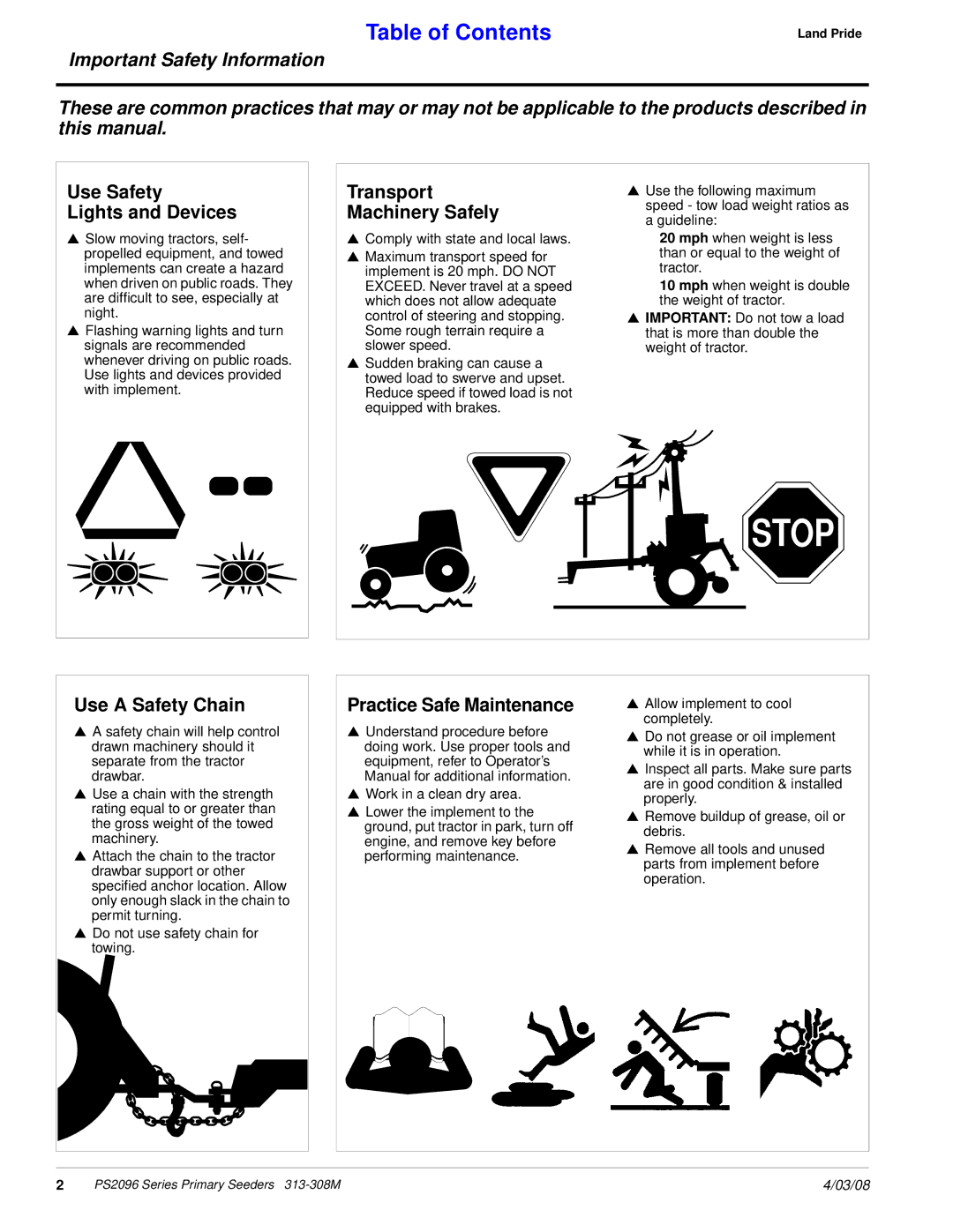 Land Pride 313-308M manual Use Safety Lights and Devices, Transport Machinery Safely, Use a Safety Chain 