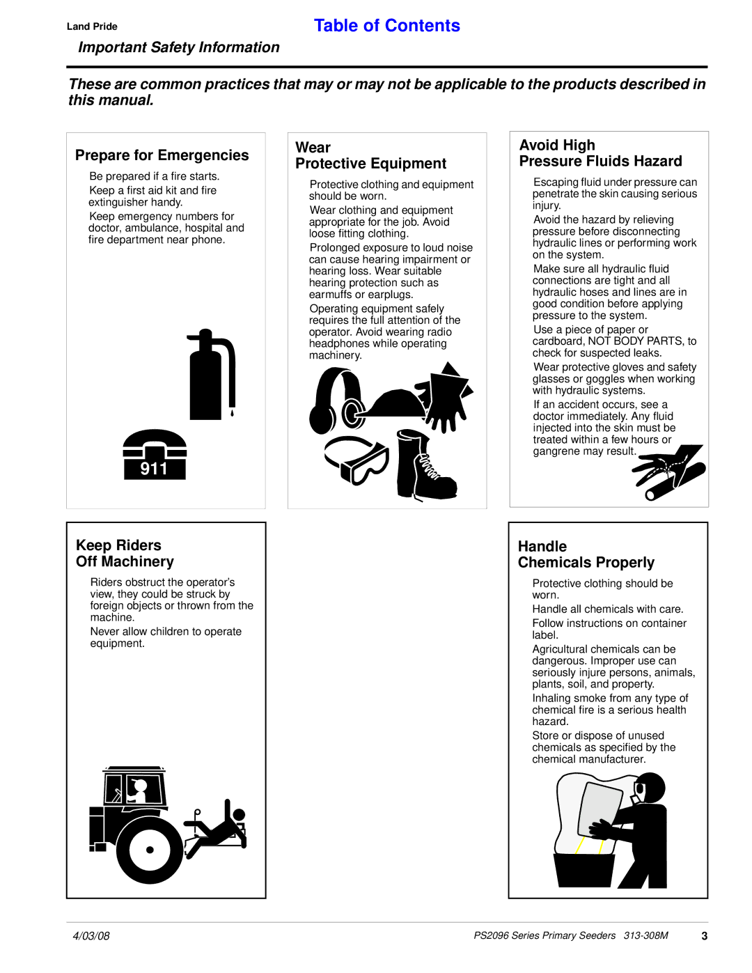 Land Pride 313-308M manual Prepare for Emergencies, Keep Riders Off Machinery, Wear Protective Equipment 