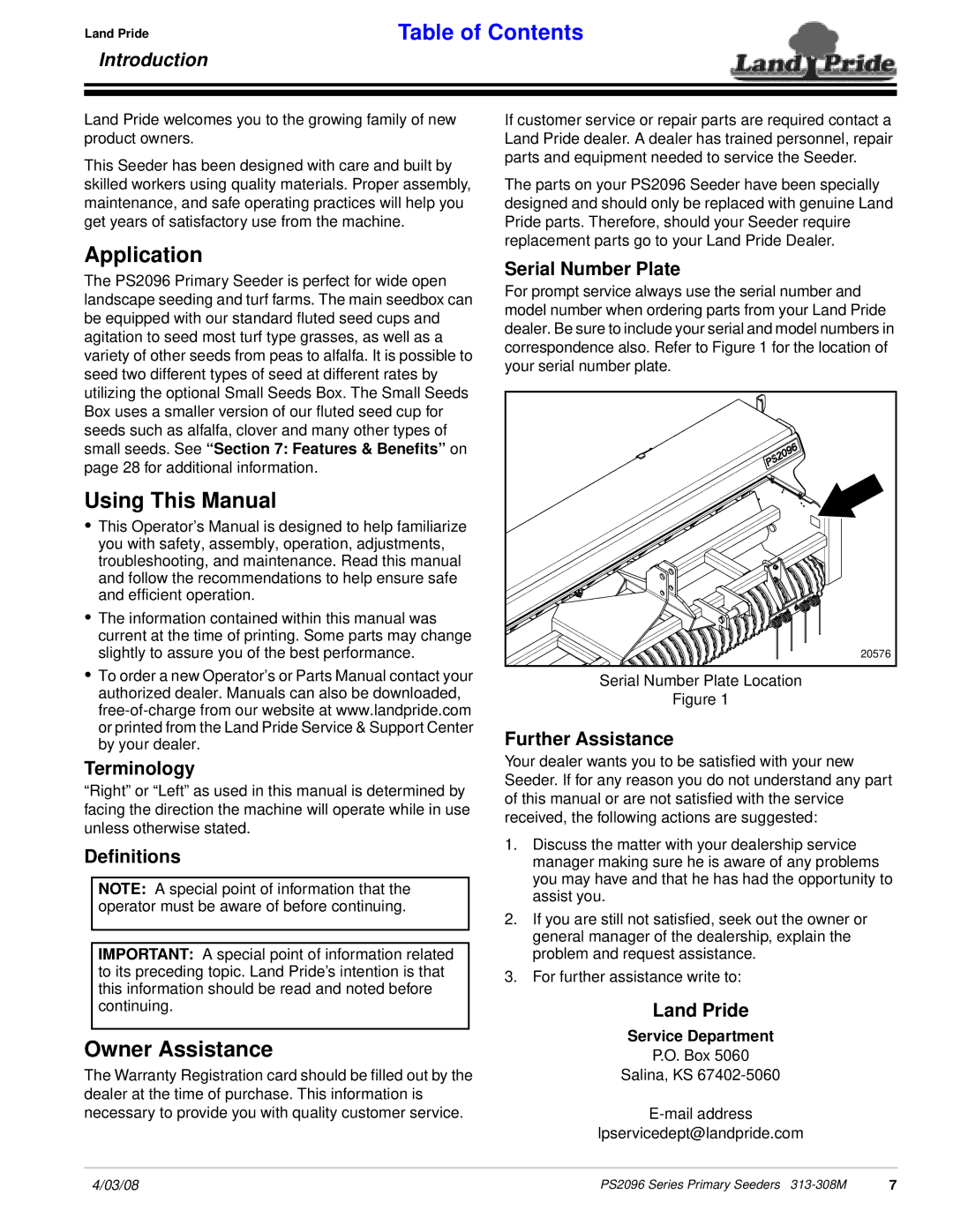 Land Pride 313-308M manual Application, Using This Manual, Owner Assistance 