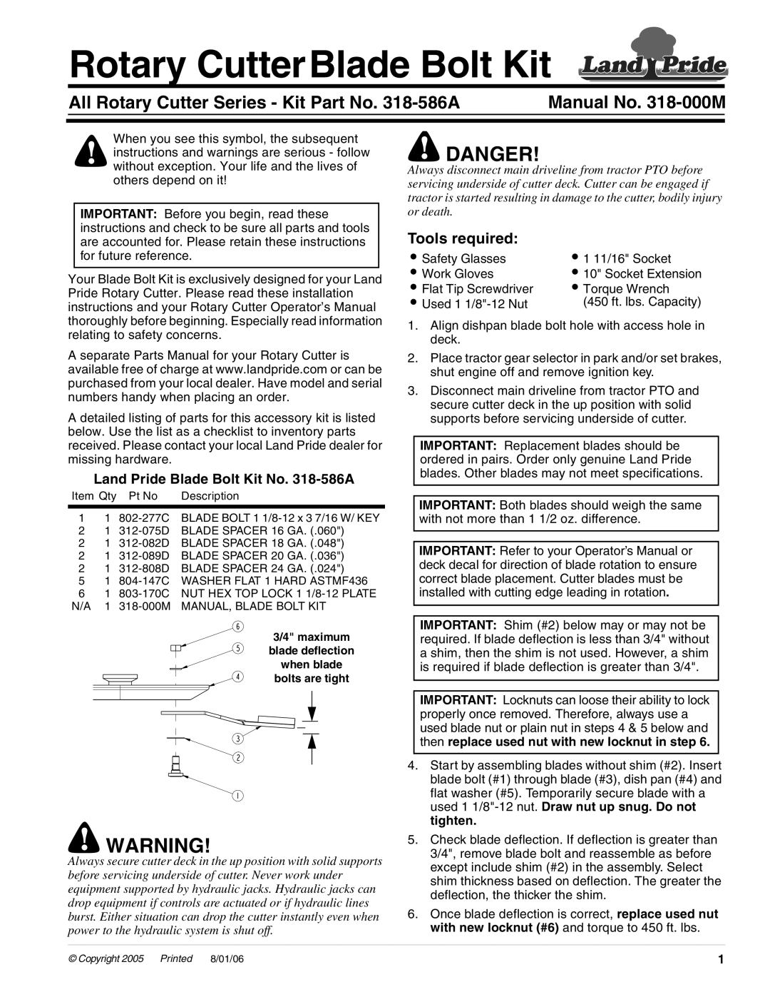 Land Pride 318-586A specifications Rotary CutterBlade Bolt Kit, All Rotary Cutter Series Kit Part No -586A, Tools required 