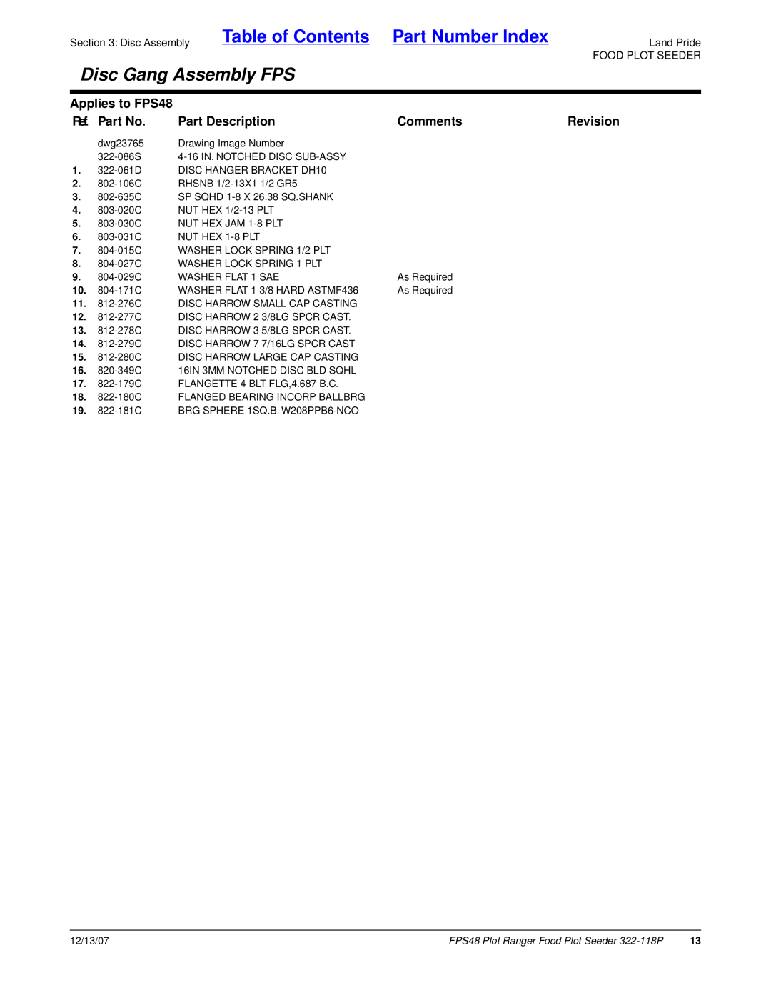 Land Pride 322-118P manual Disc Assembly Table of Contents Part Number Index 