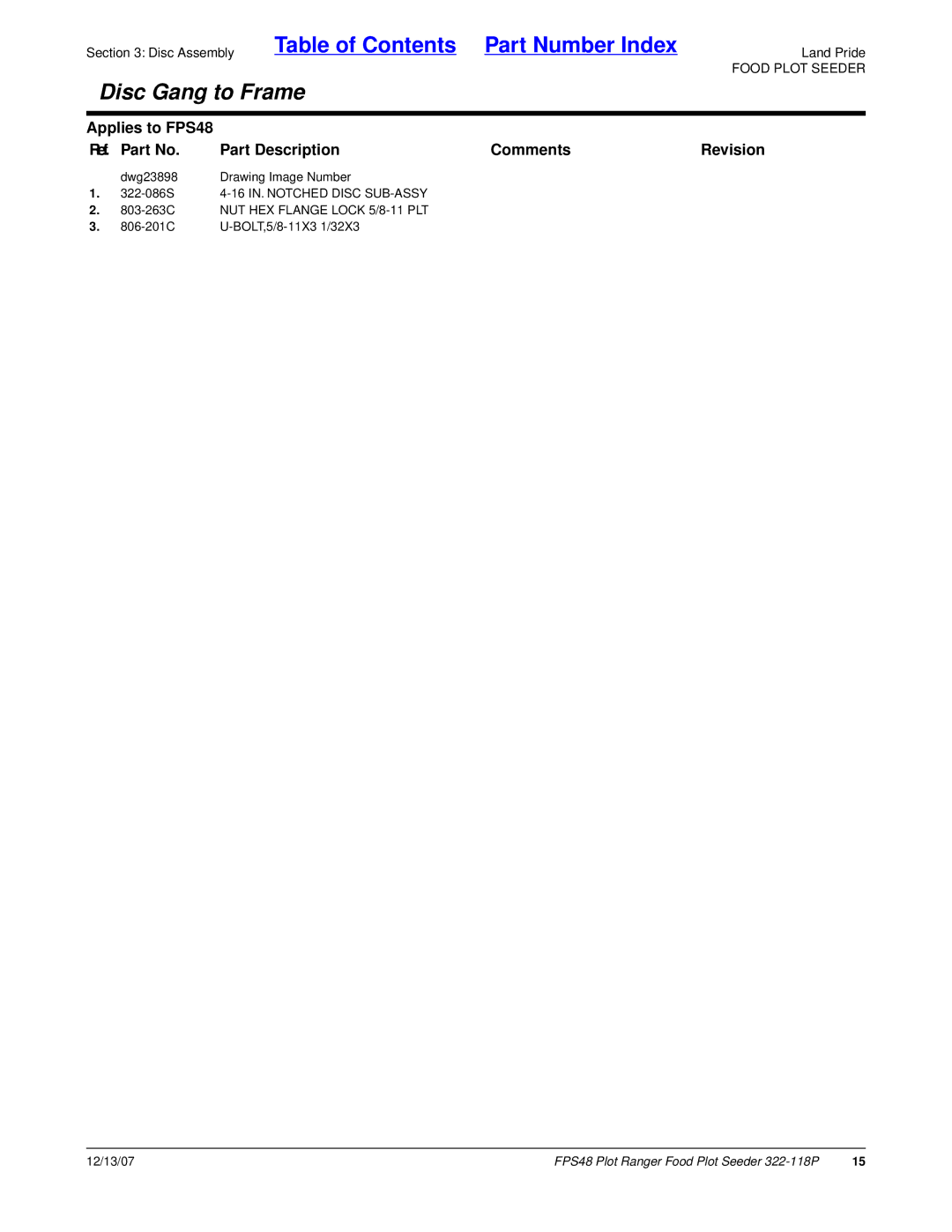 Land Pride 322-118P manual 16 IN. Notched Disc SUB-ASSY 