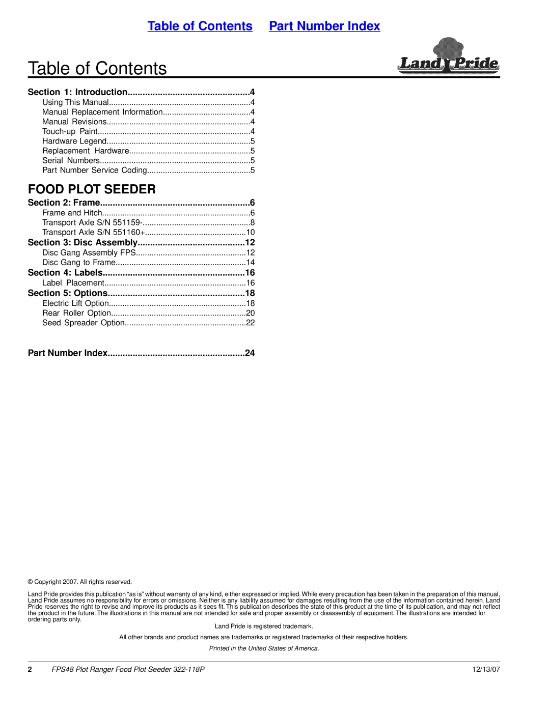 Land Pride 322-118P manual Table of Contents 