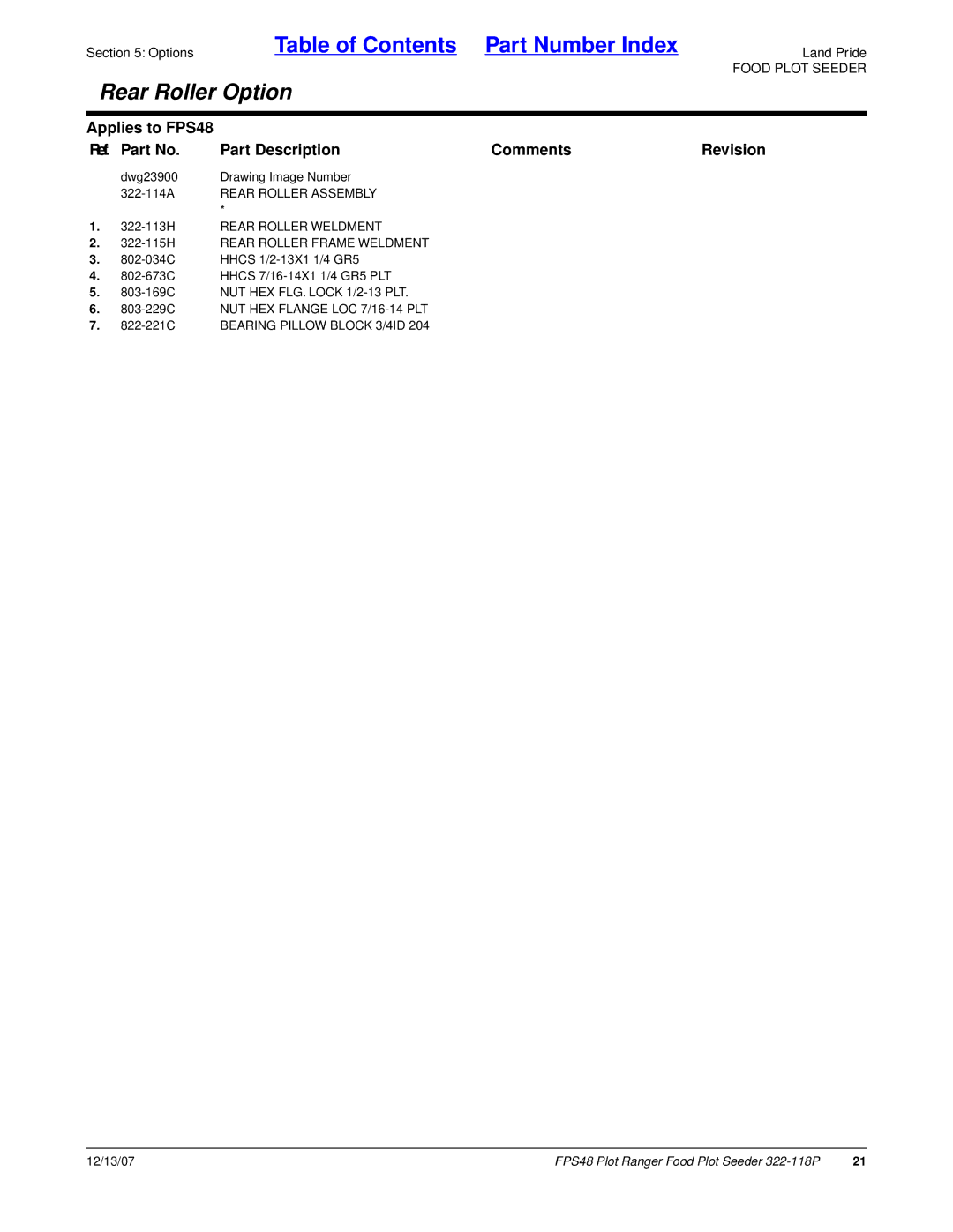 Land Pride 322-118P manual Rear Roller Option 