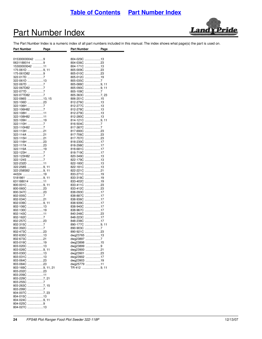 Land Pride 322-118P manual Part Number Index 