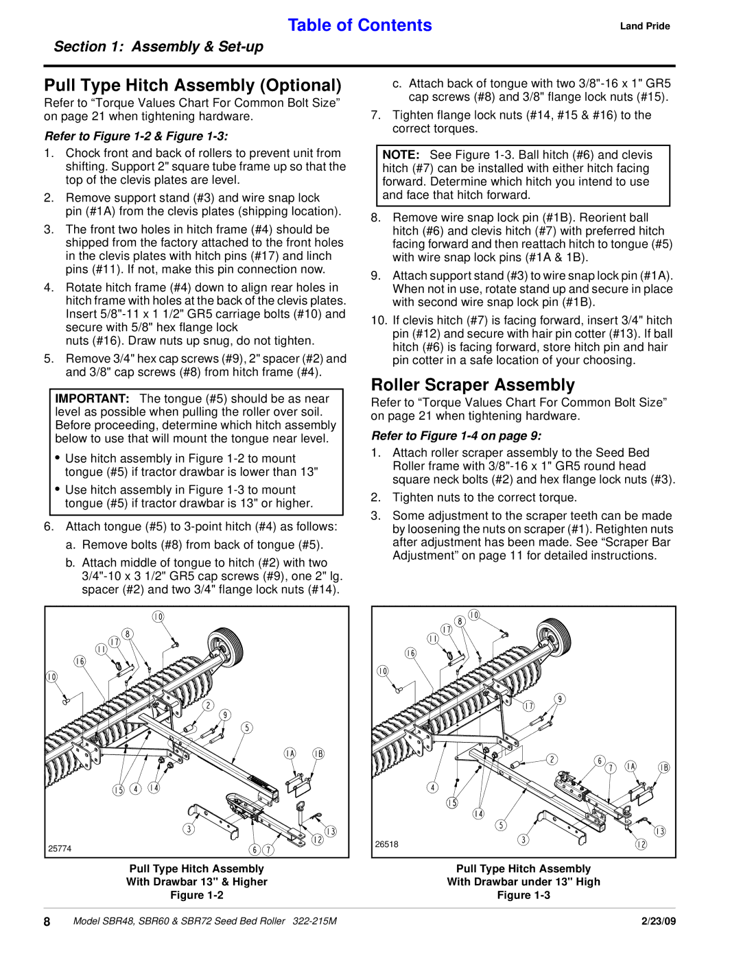 Land Pride 322-215M manual Pull Type Hitch Assembly Optional, Roller Scraper Assembly 