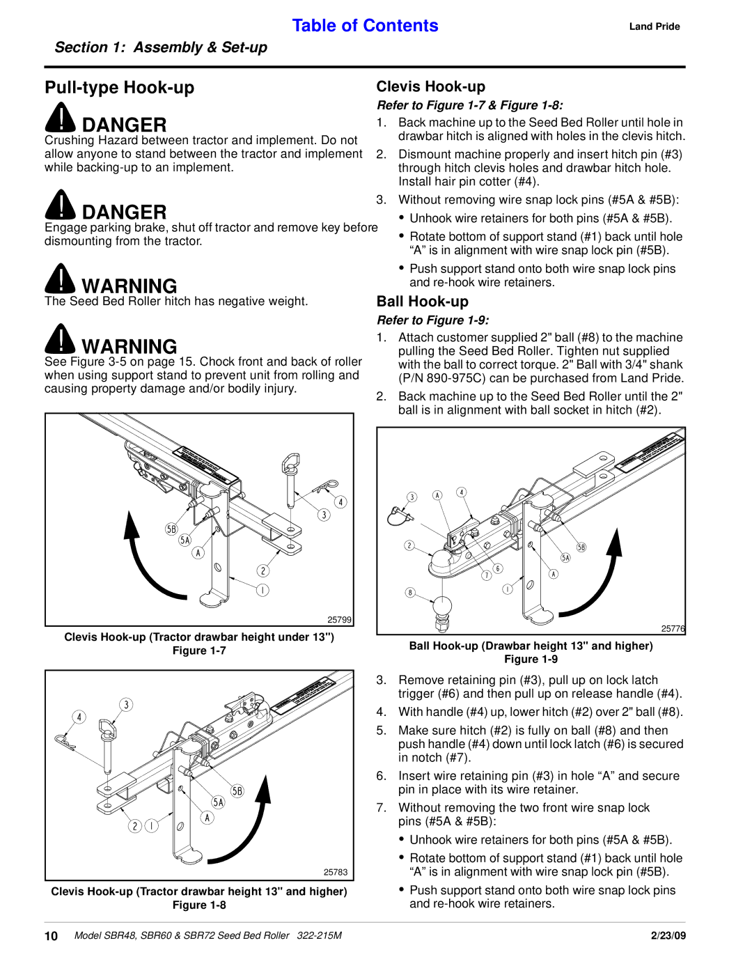 Land Pride 322-215M manual Pull-type Hook-up, Clevis Hook-up, Ball Hook-up 