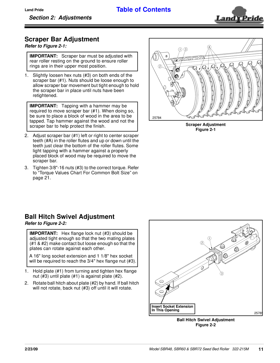 Land Pride 322-215M manual Scraper Bar Adjustment, Ball Hitch Swivel Adjustment 