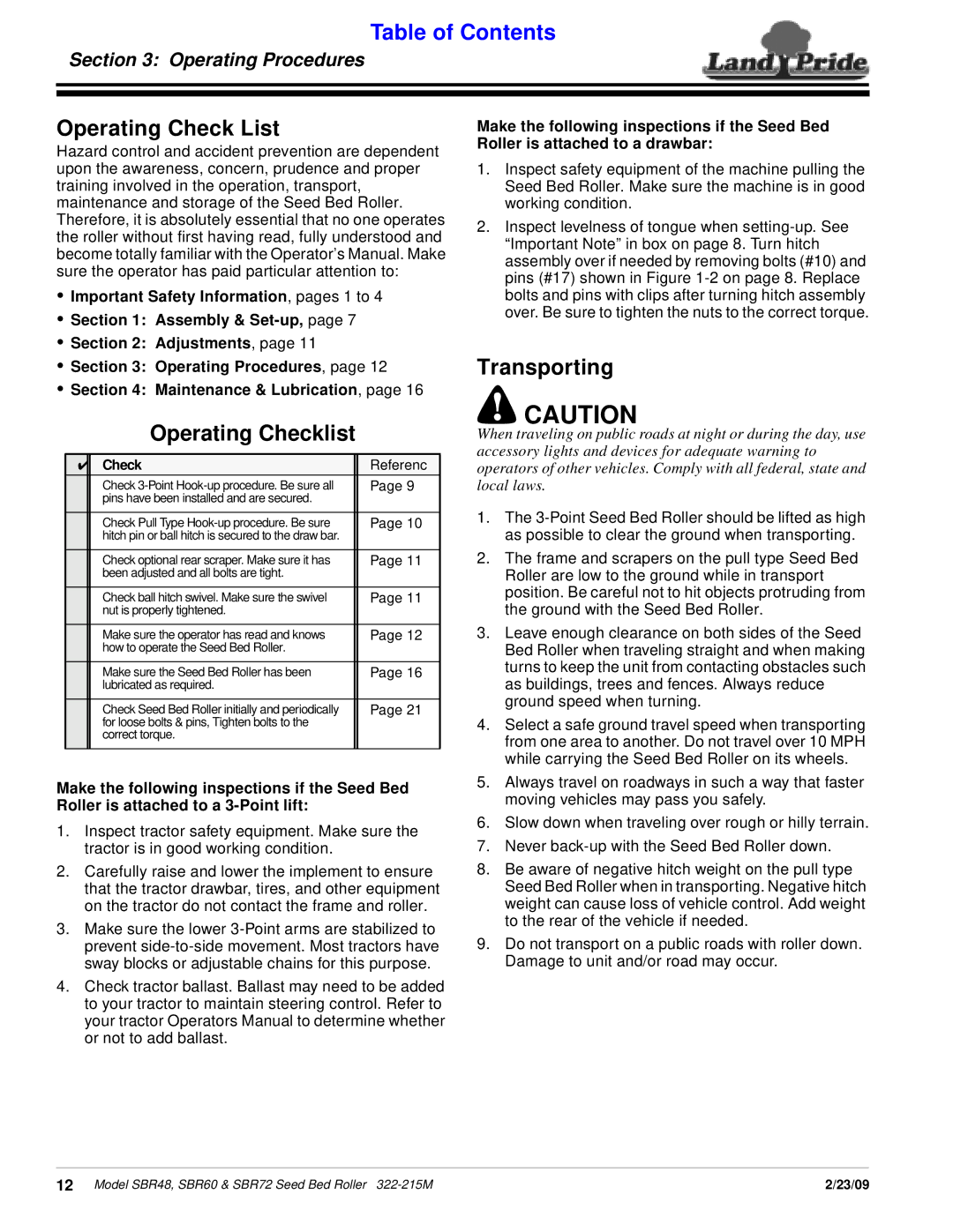 Land Pride 322-215M manual Operating Check List, Operating Checklist, Transporting 