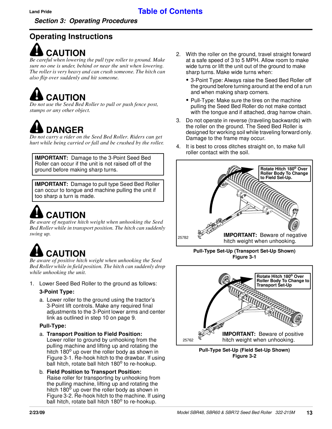 Land Pride 322-215M Operating Instructions, Point Type, Field Position to Transport Position, Important Beware of positive 