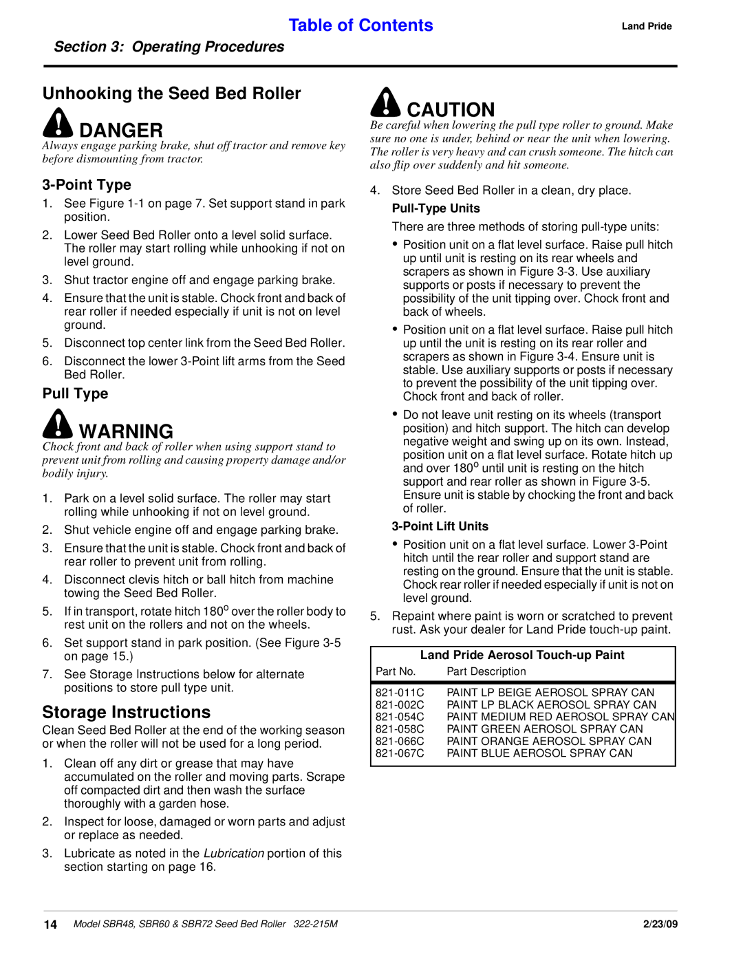 Land Pride 322-215M manual Unhooking the Seed Bed Roller, Storage Instructions, Point Type, Pull Type 