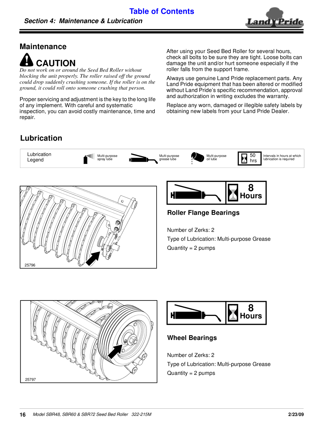 Land Pride 322-215M manual Maintenance, Lubrication, Hours, Roller Flange Bearings, Wheel Bearings 