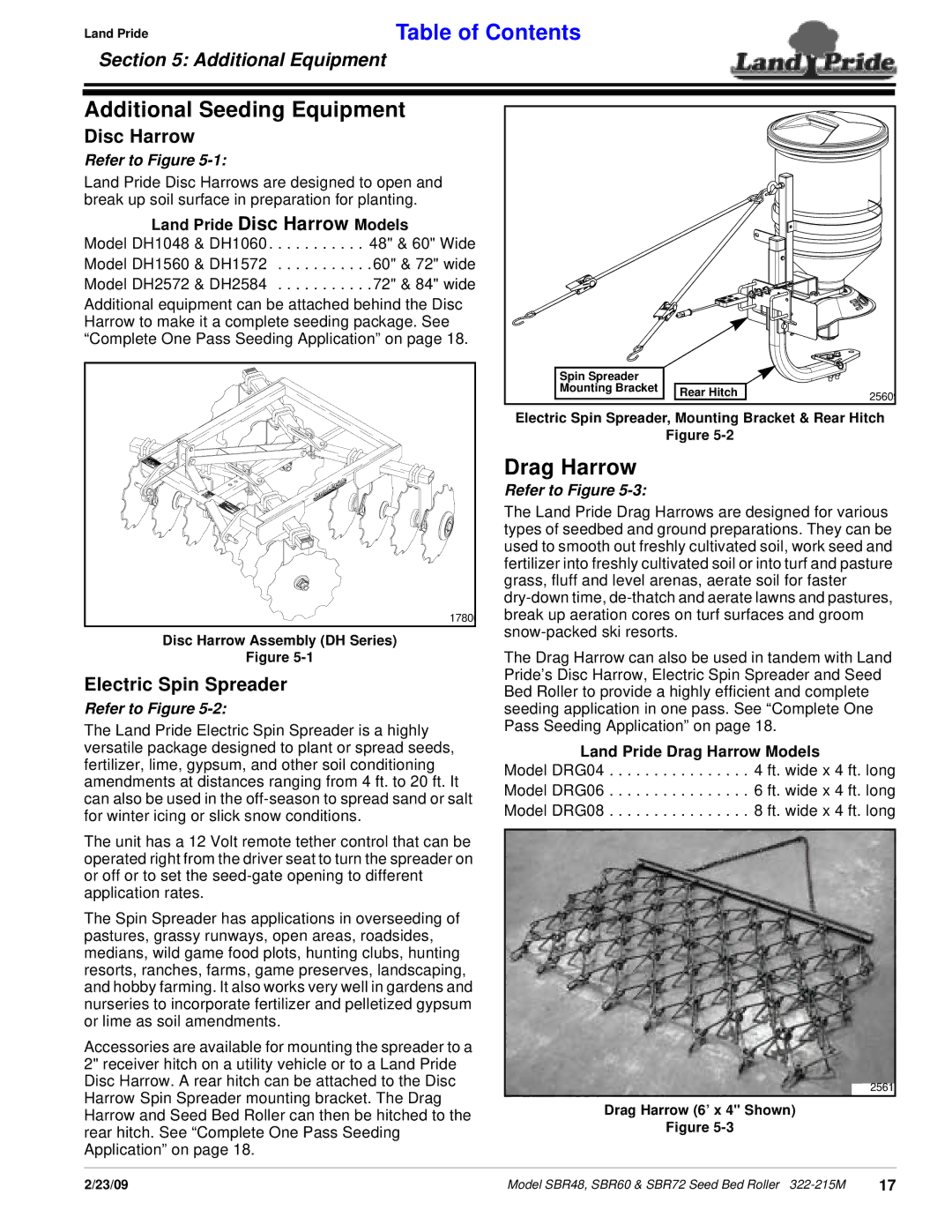 Land Pride 322-215M manual Additional Seeding Equipment, Drag Harrow, Disc Harrow, Electric Spin Spreader 