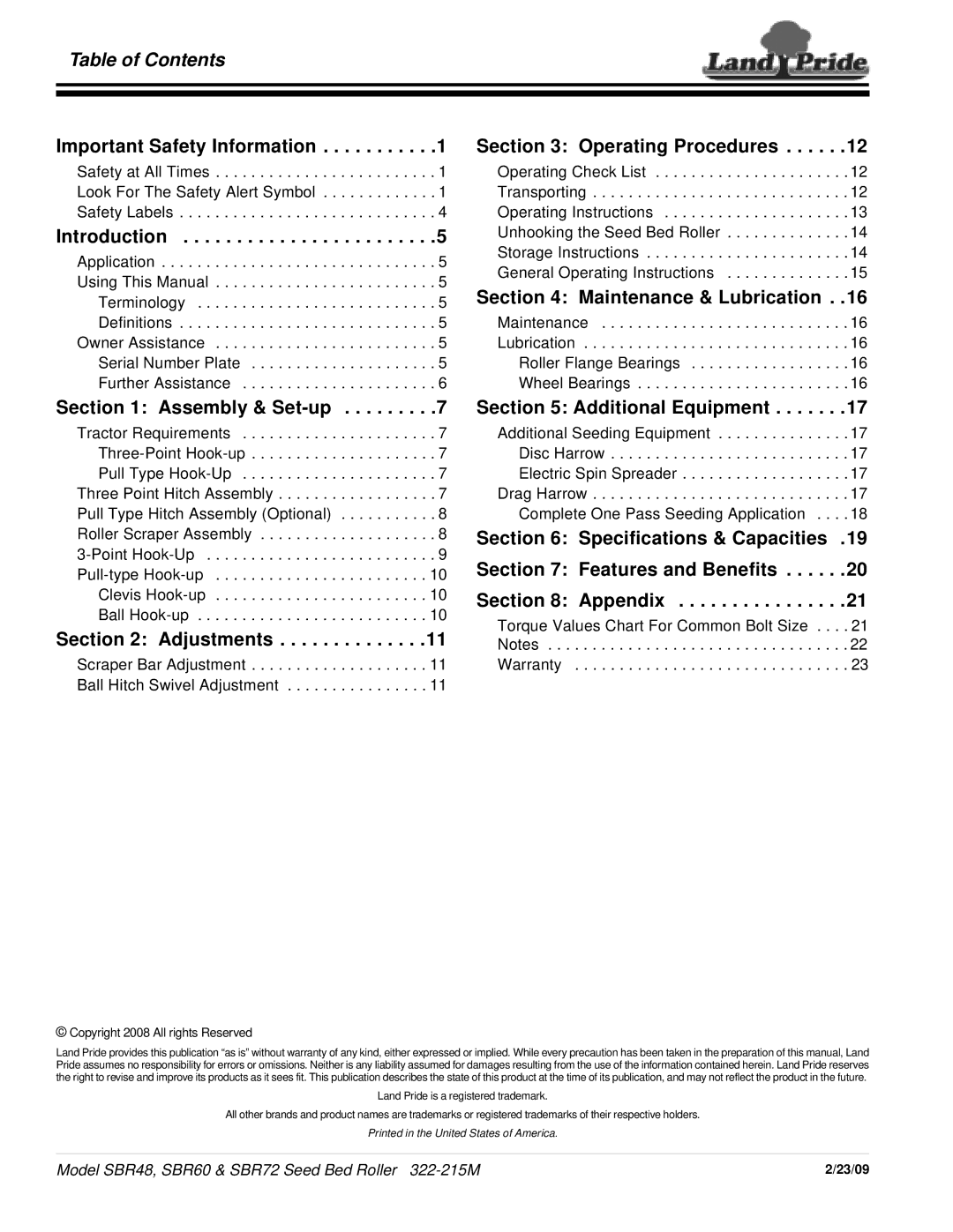 Land Pride 322-215M manual Table of Contents 