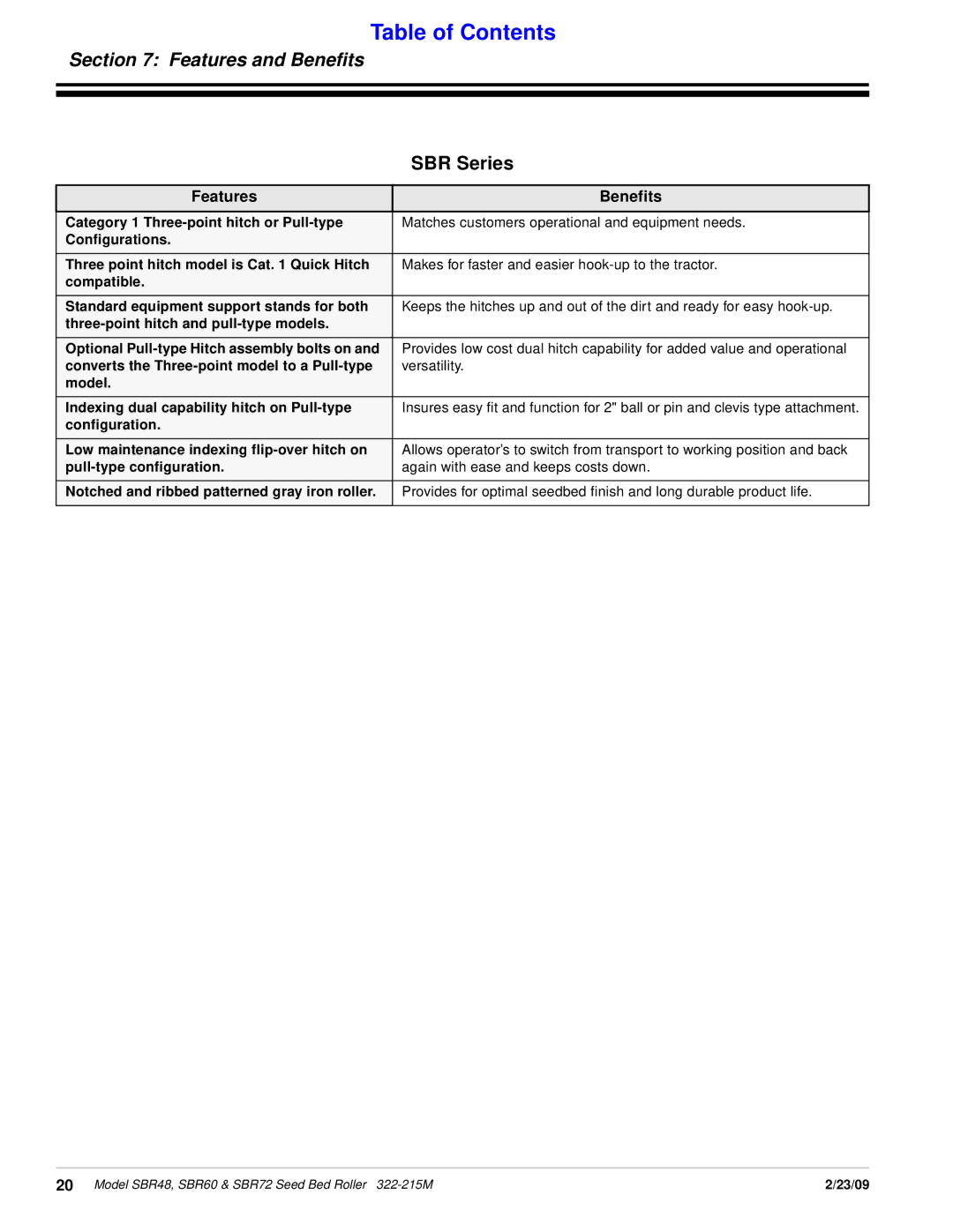 Land Pride 322-215M manual Features and Beneﬁts, Features Benefits 