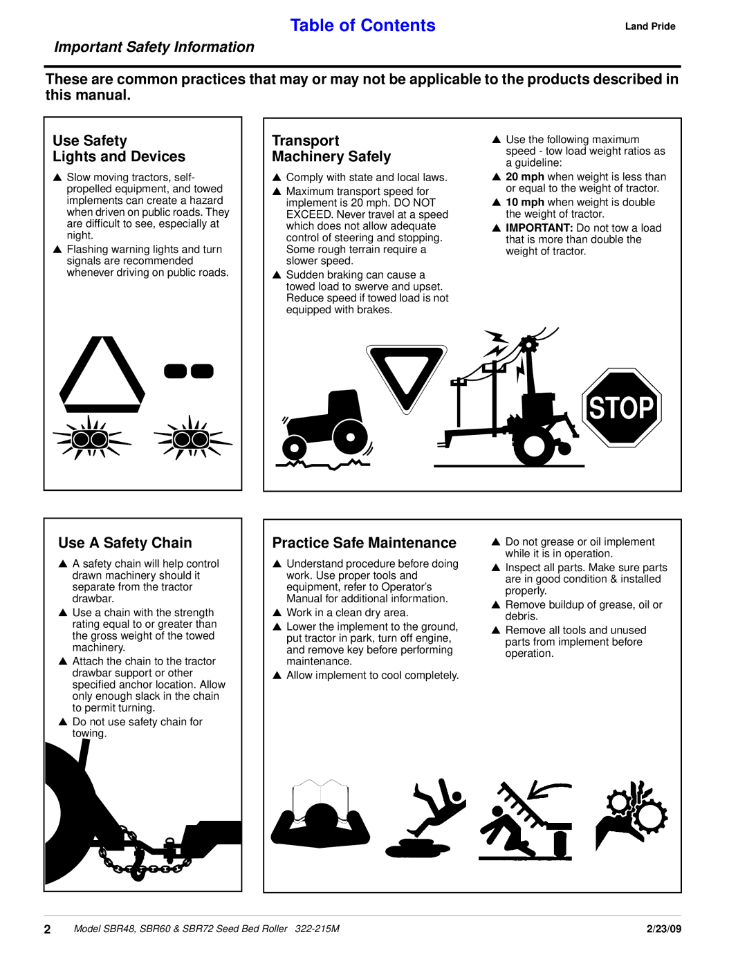 Land Pride 322-215M manual Transport Machinery Safely, Use a Safety Chain, Practice Safe Maintenance 