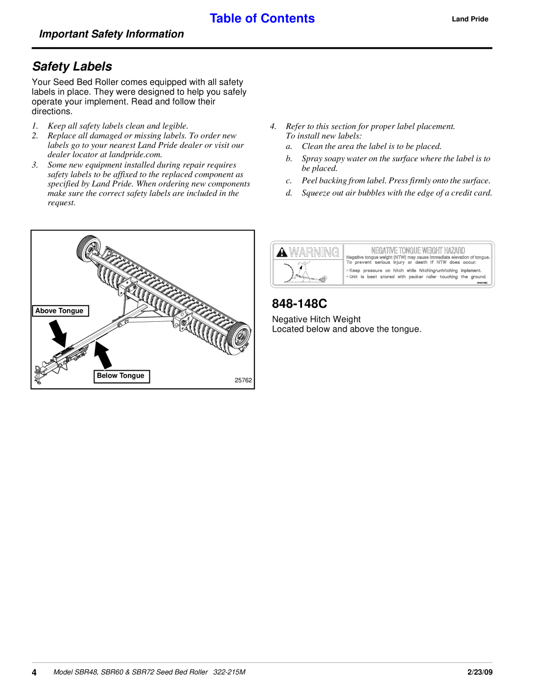 Land Pride 322-215M manual Safety Labels, 848-148C 