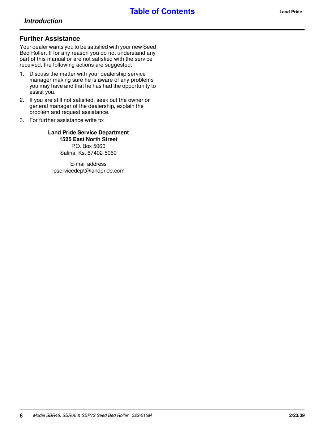 Land Pride 322-215M manual Further Assistance, Land Pride Service Department East North Street 