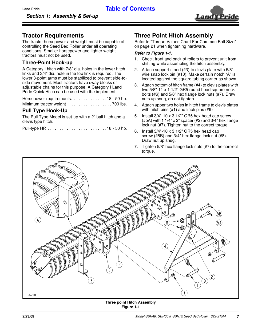 Land Pride 322-215M manual Tractor Requirements, Three Point Hitch Assembly, Three-Point Hook-up, Pull Type Hook-Up 