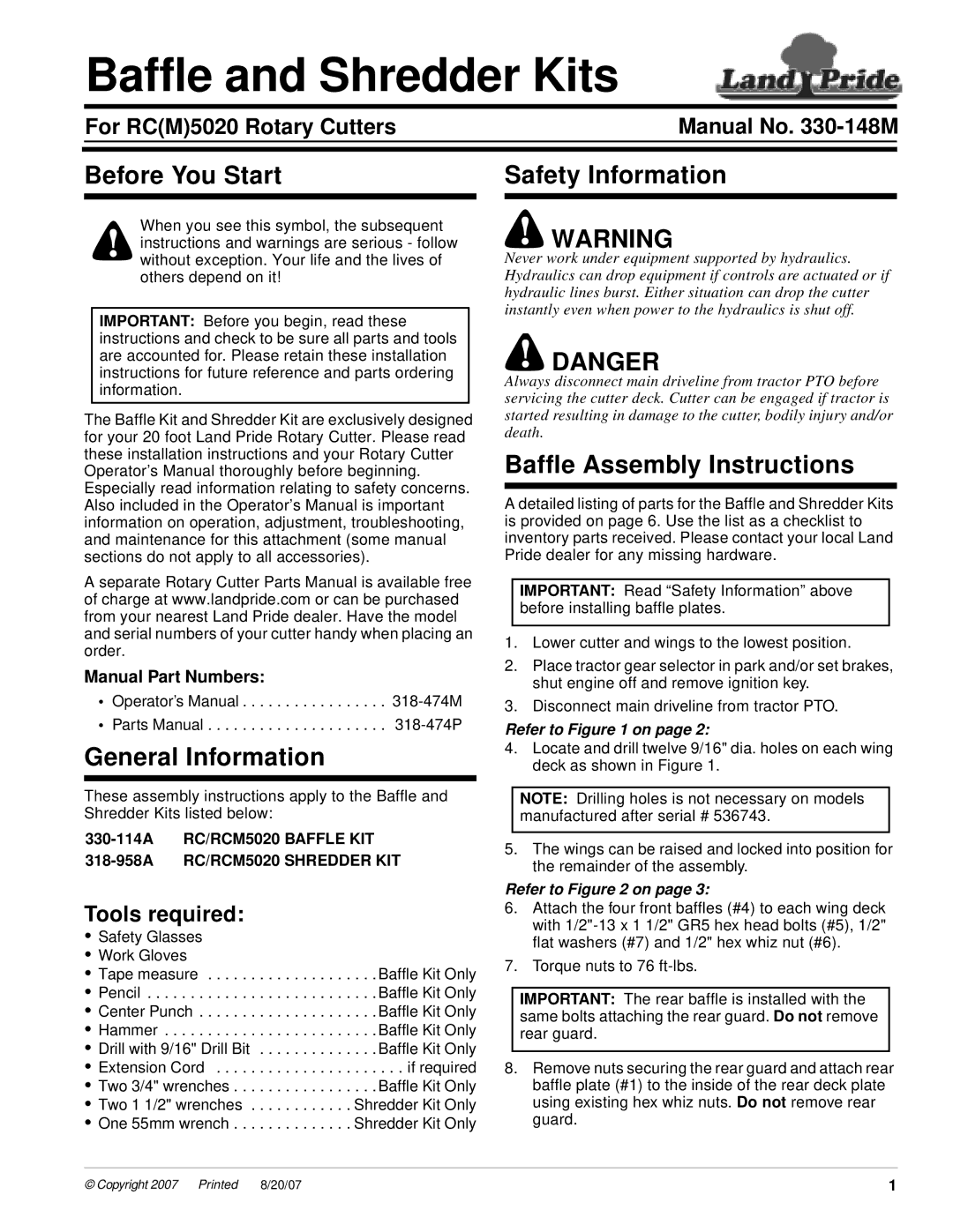 Land Pride 330-114A RC/RCM5020 installation instructions Before You Start, General Information, Safety Information 