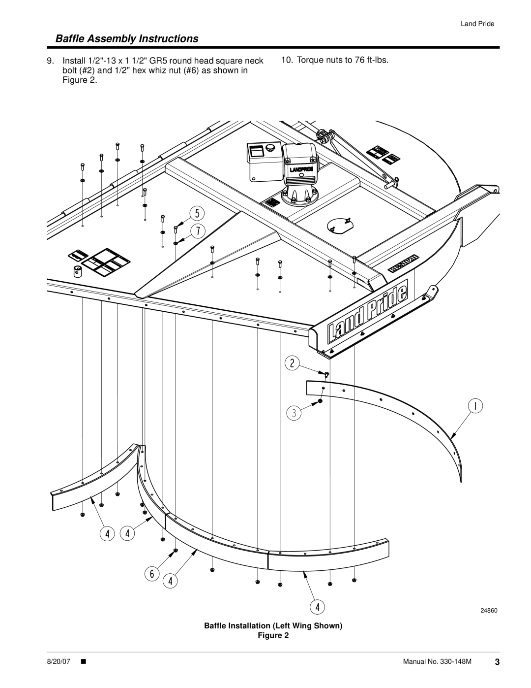 Land Pride 330-114A RC/RCM5020 installation instructions Baffle Installation Left Wing Shown 