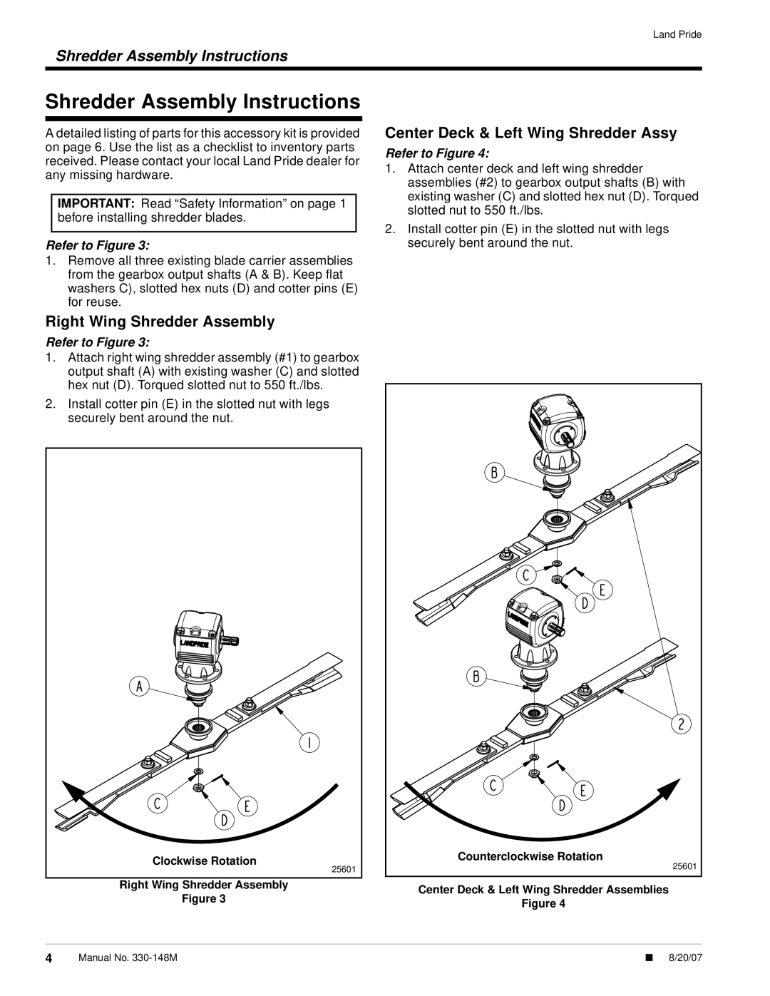 Land Pride 330-114A RC/RCM5020 Shredder Assembly Instructions, Right Wing Shredder Assembly, Refer to Figure 