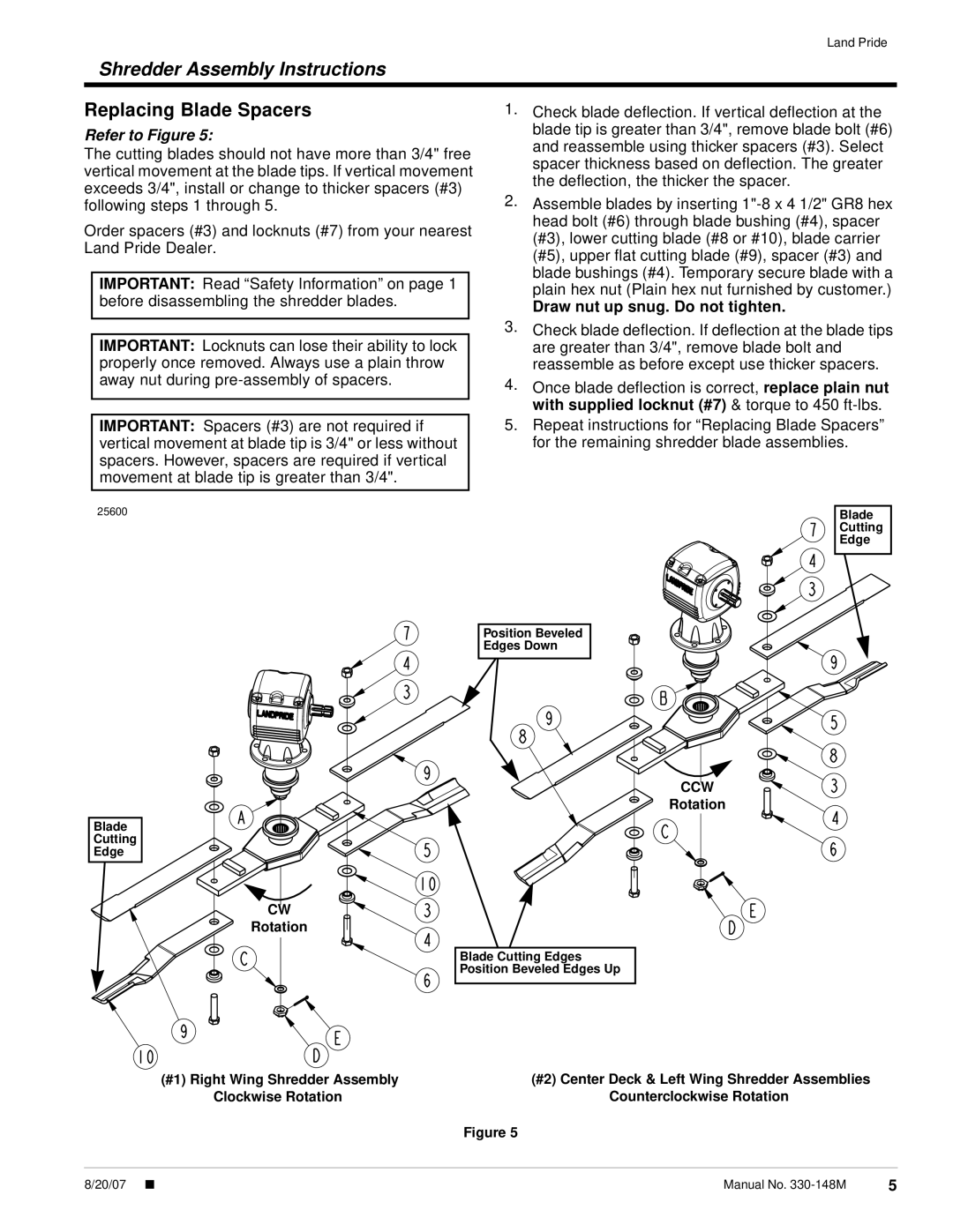 Land Pride 330-114A RC/RCM5020 installation instructions Replacing Blade Spacers, Draw nut up snug. Do not tighten 