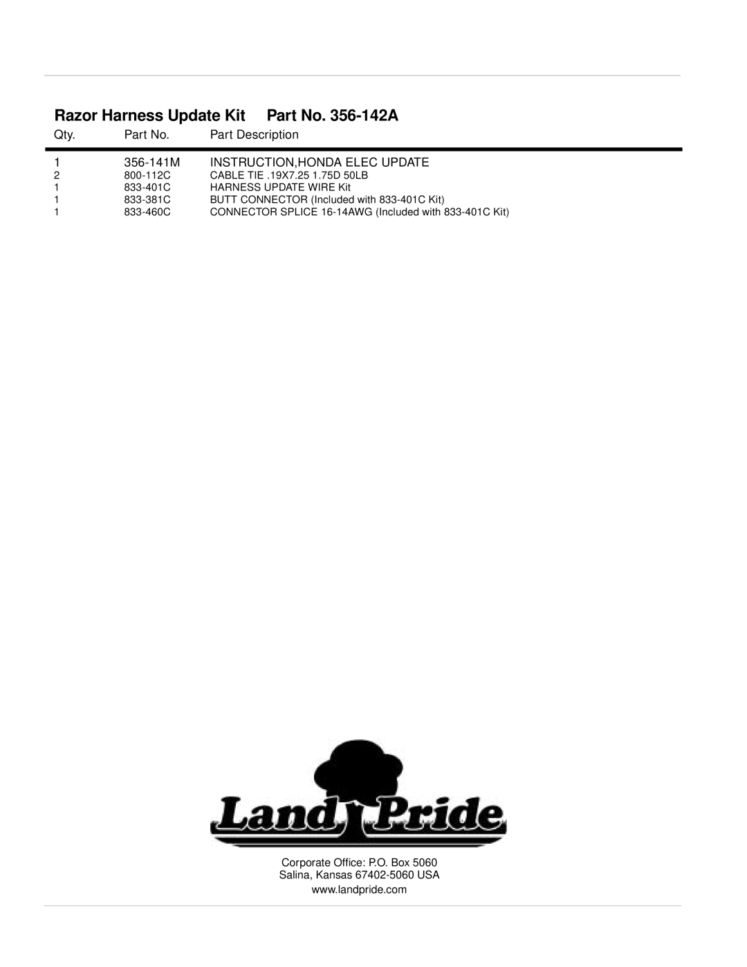 Land Pride Razor Harness Update Kit Part No. 356-142A, Corporate Ofﬁce P.O. Box Salina, Kansas 67402-5060 USA, 833-401C 