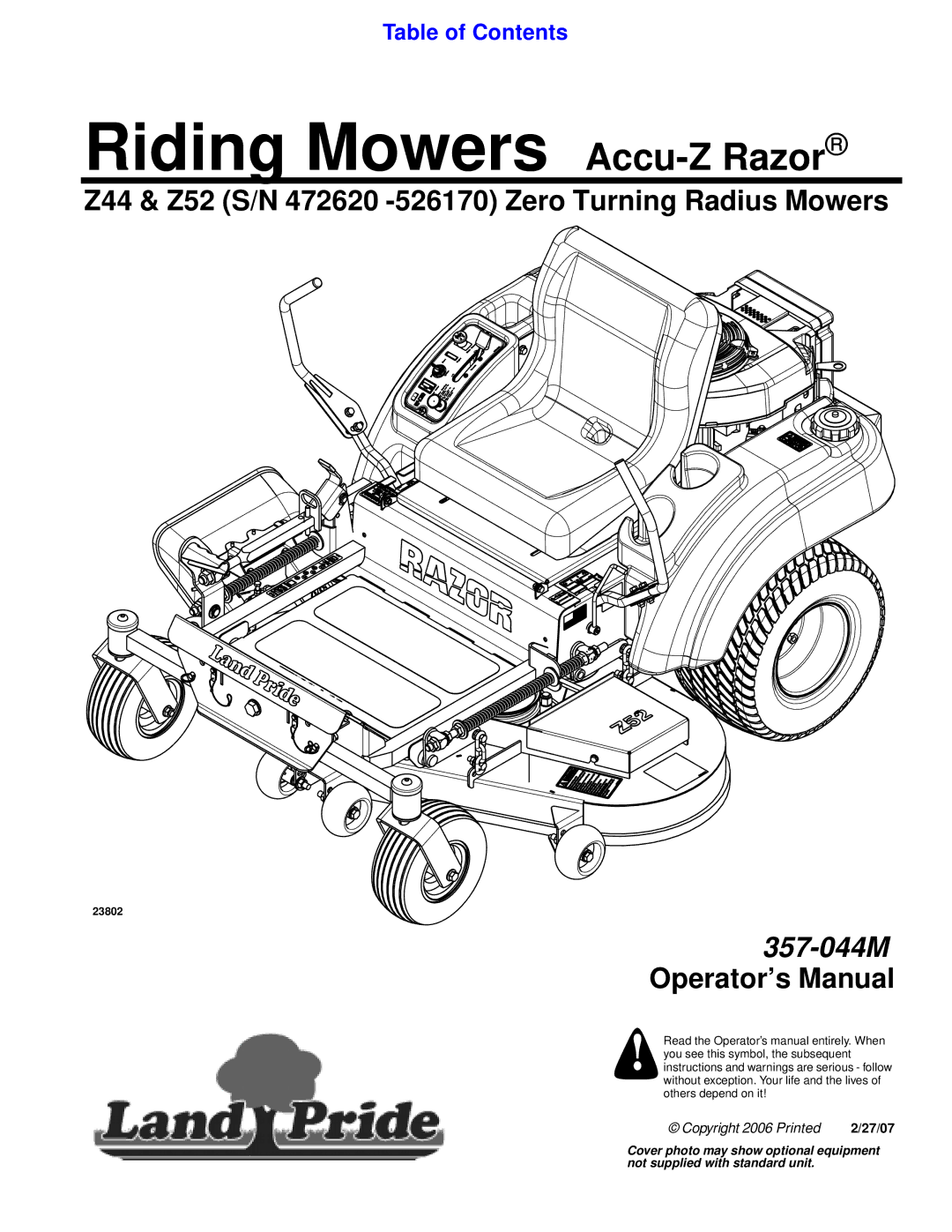 Land Pride 357-044M manual Riding Mowers Accu-Z Razor 