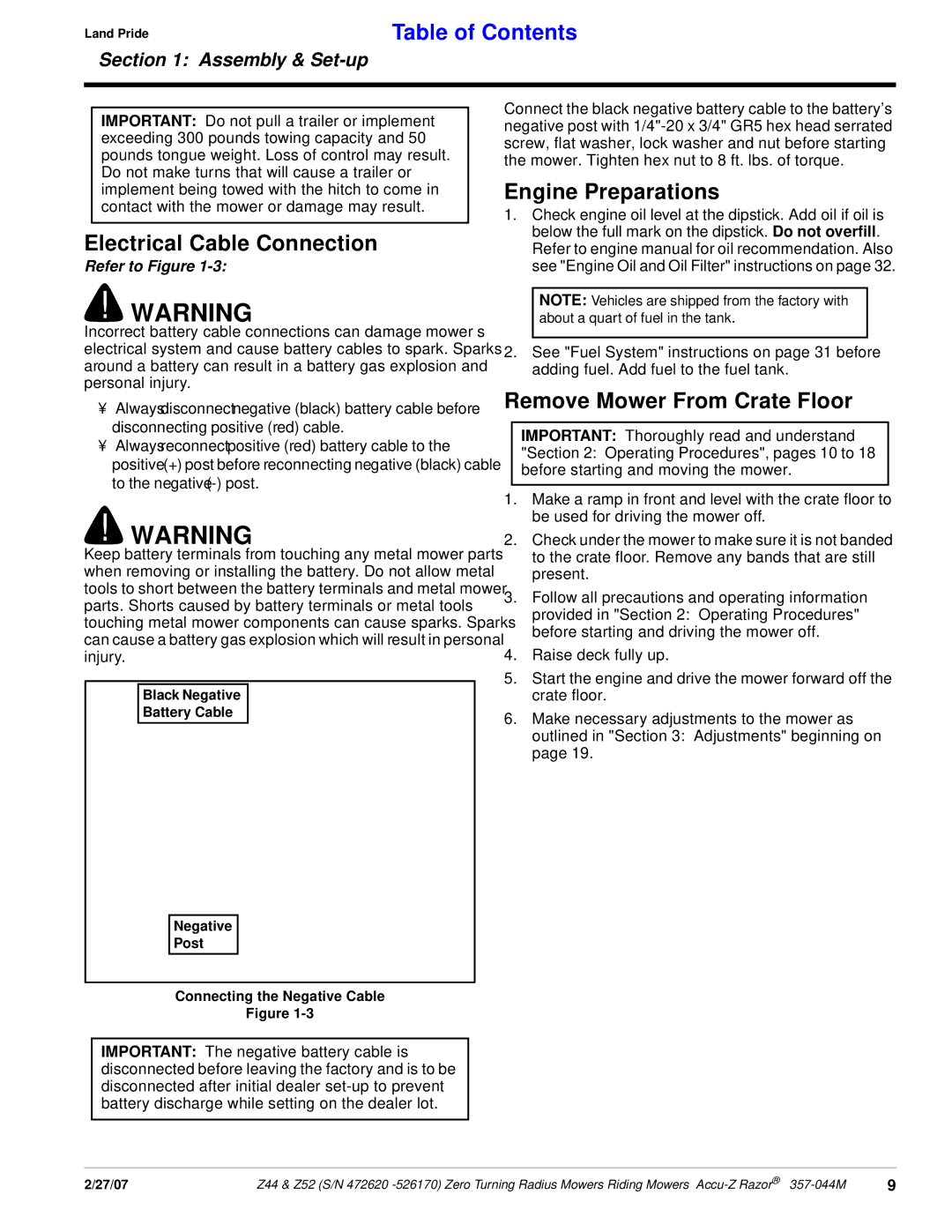 Land Pride 357-044M manual Electrical Cable Connection, Engine Preparations, Remove Mower From Crate Floor 