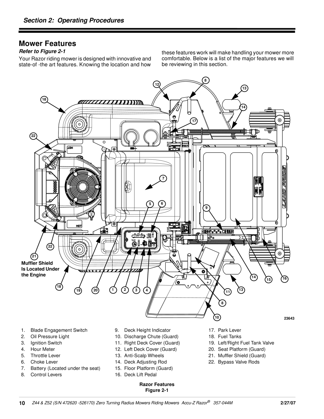 Land Pride 357-044M manual Mower Features, Mufﬂer Shield Is Located Under Engine, Razor Features 