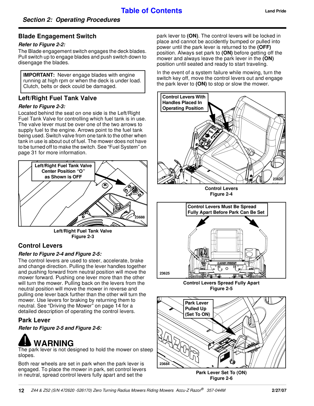 Land Pride 357-044M manual Blade Engagement Switch, Left/Right Fuel Tank Valve, Control Levers, Park Lever 